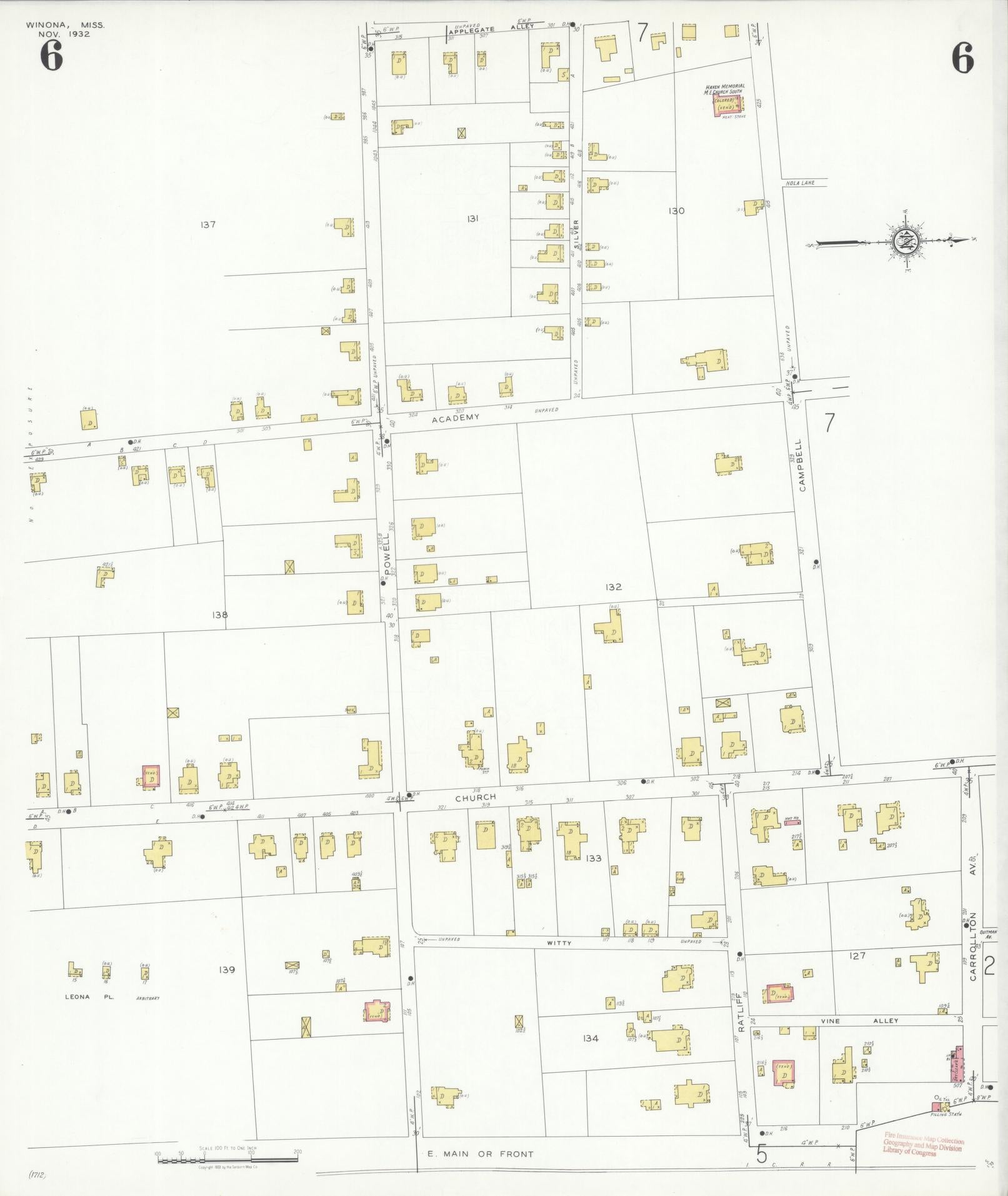 Sanborn Fire Insurance Map from Winona, Montgomery County, Mississippi (1932), Sheet #0006 - Complete Map Set gallery image, historic Sanborn map, vintage wall art, Mississippi Mississippi