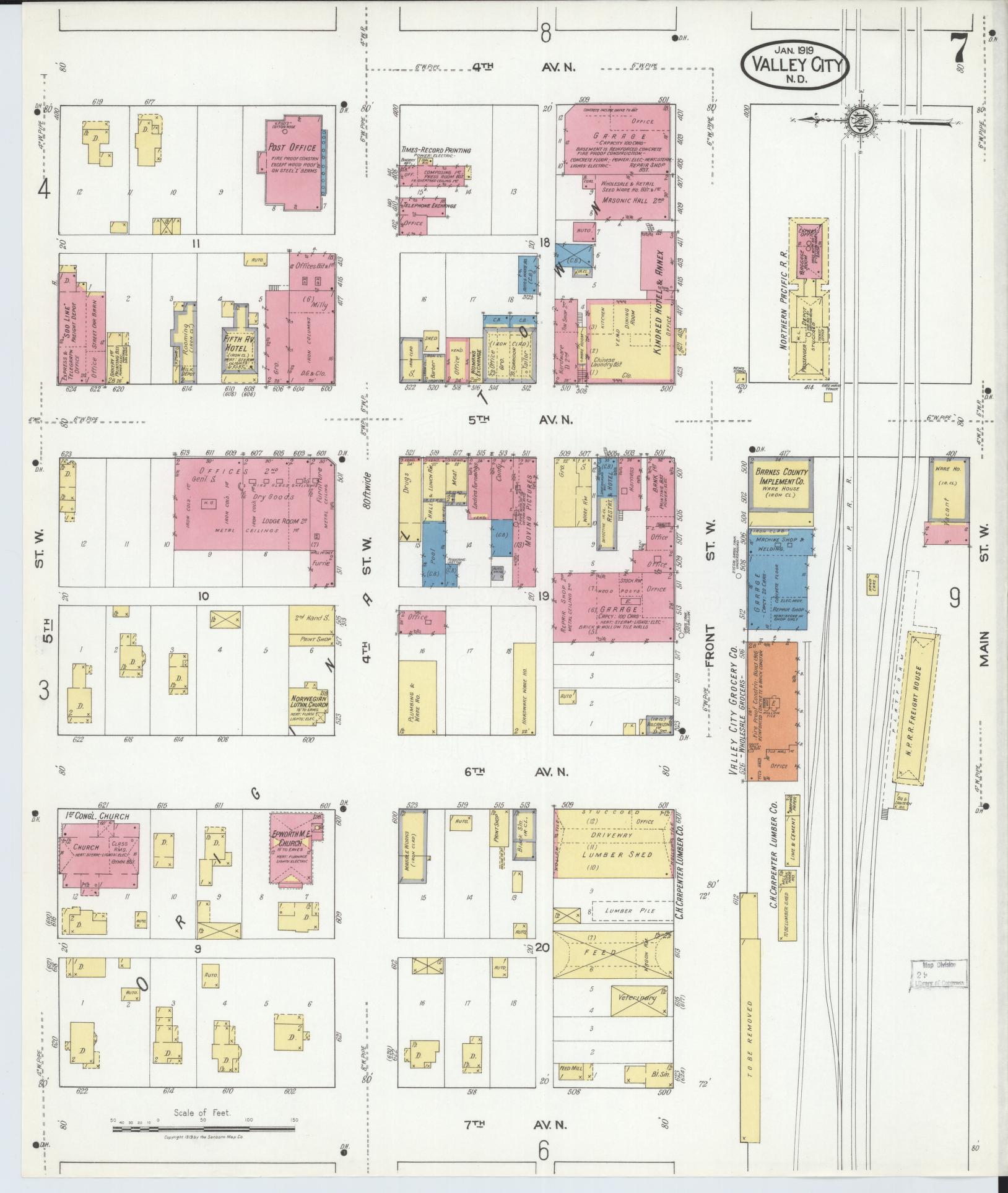Sanborn Fire Insurance Map from Valley City, Barnes County, North Dakota (1919), Sheet #0007 - Complete Map Set gallery image, historic Sanborn map, vintage wall art, North Dakota North Dakota