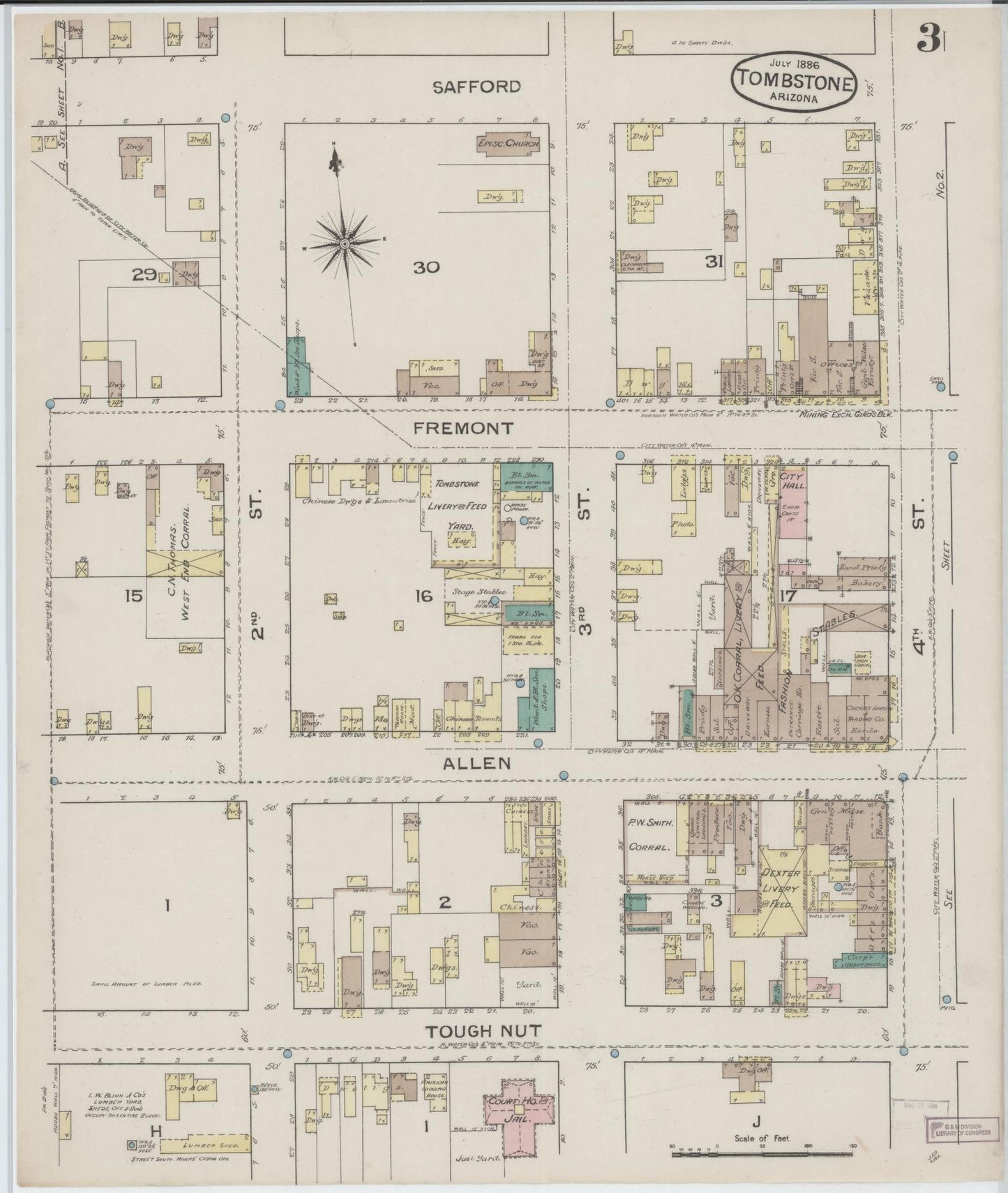 Sanborn Fire Insurance Map from Tombstone, Cochise County, Arizona (1886), Sheet #0003 - Complete Map Set gallery image, historic Sanborn map, vintage wall art, Arizona Arizona