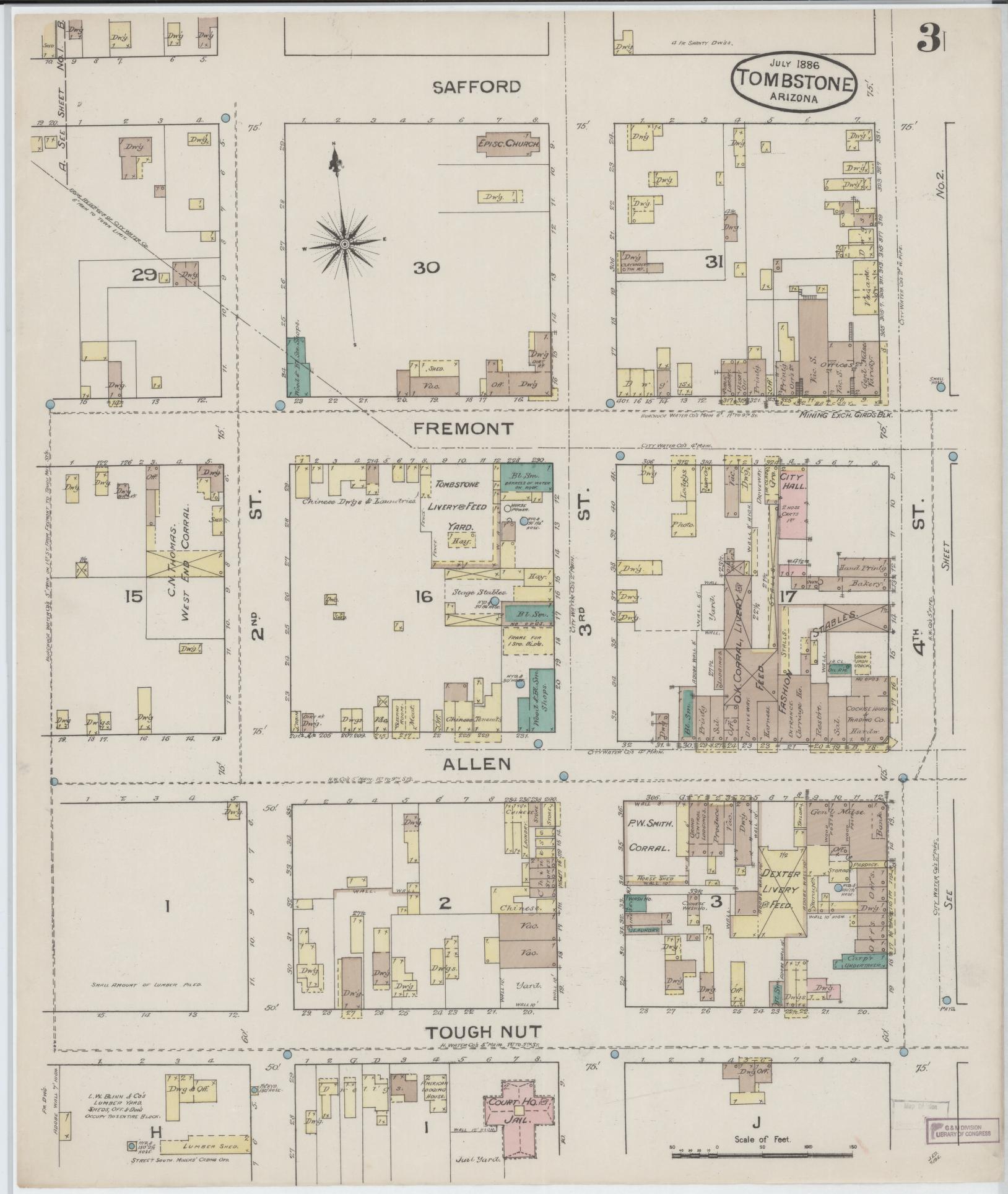Sanborn Fire Insurance Map from Tombstone, Cochise County, Arizona (1886), Sheet #0003 - Complete Map Set gallery image, historic Sanborn map, vintage wall art, Arizona Arizona