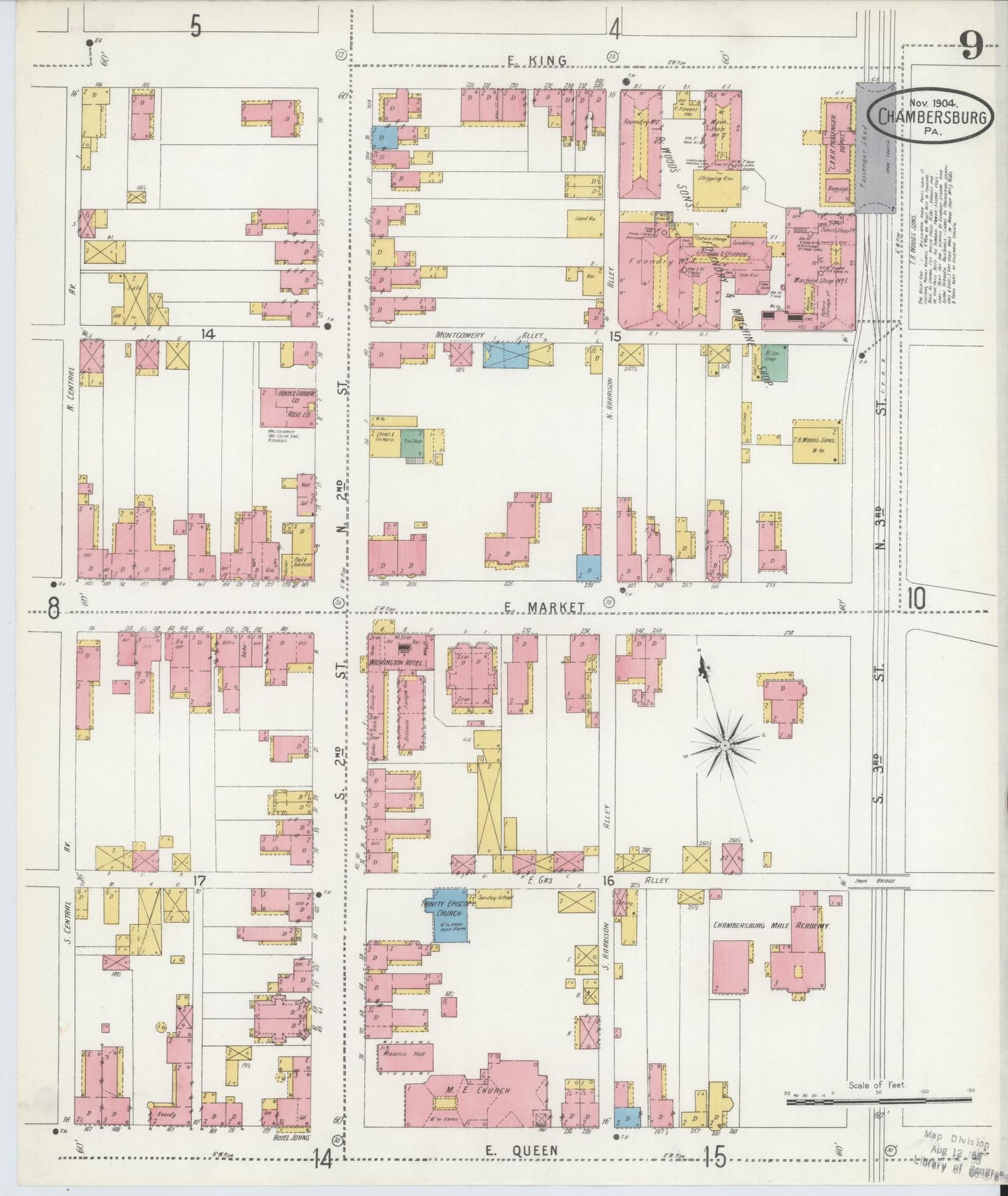 Sanborn Fire Insurance Map from Chambersburg, Franklin County, Pennsylvania (1904), Sheet #0009 - Historic Sanborn Fire Insurance Map Print, vintage old map wall art, antique decor, genealogy gift, Pennsylvania Pennsylvania map