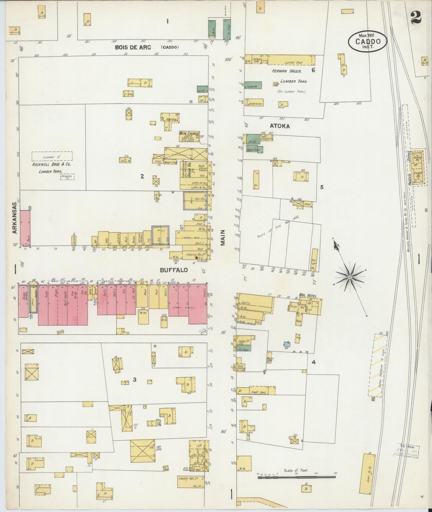 Sanborn Fire Insurance Map from Caddo, Bryan County, Oklahoma (1901), Sheet #0002 - Historic Sanborn Fire Insurance Map Print, vintage old map wall art, antique decor, genealogy gift, Oklahoma Oklahoma map