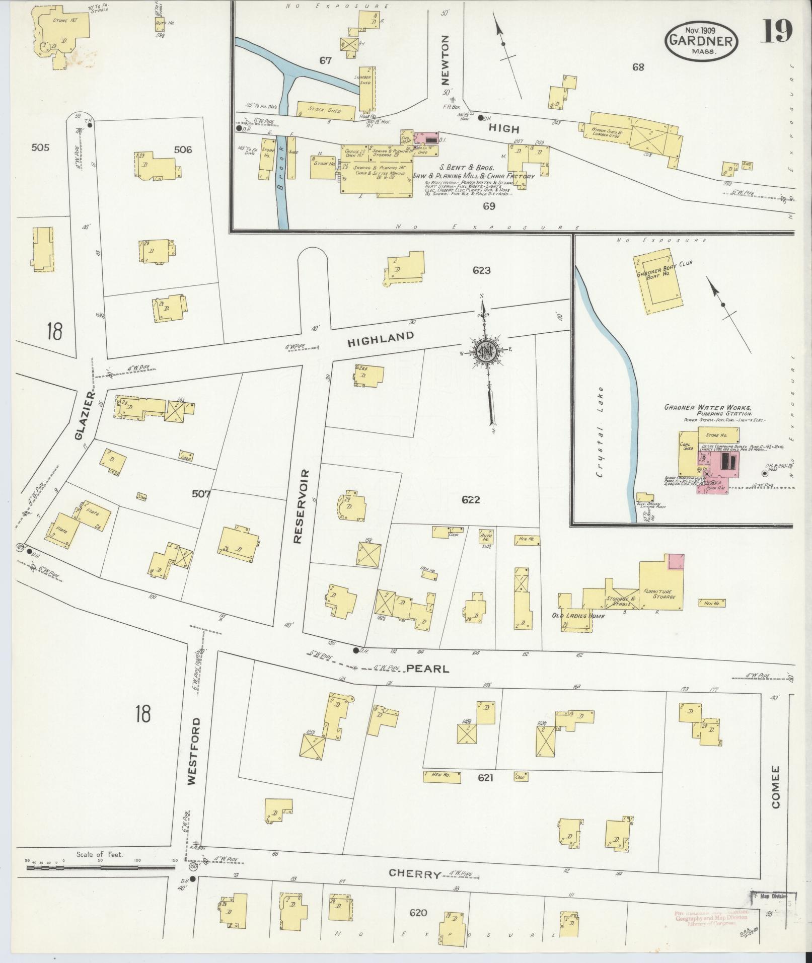 Sanborn Fire Insurance Map from Gardner, Worcester County, Massachusetts (1909), Sheet #0019 - Historic Sanborn Fire Insurance Map Print, vintage old map wall art, antique decor, genealogy gift, Massachusetts Massachusetts map