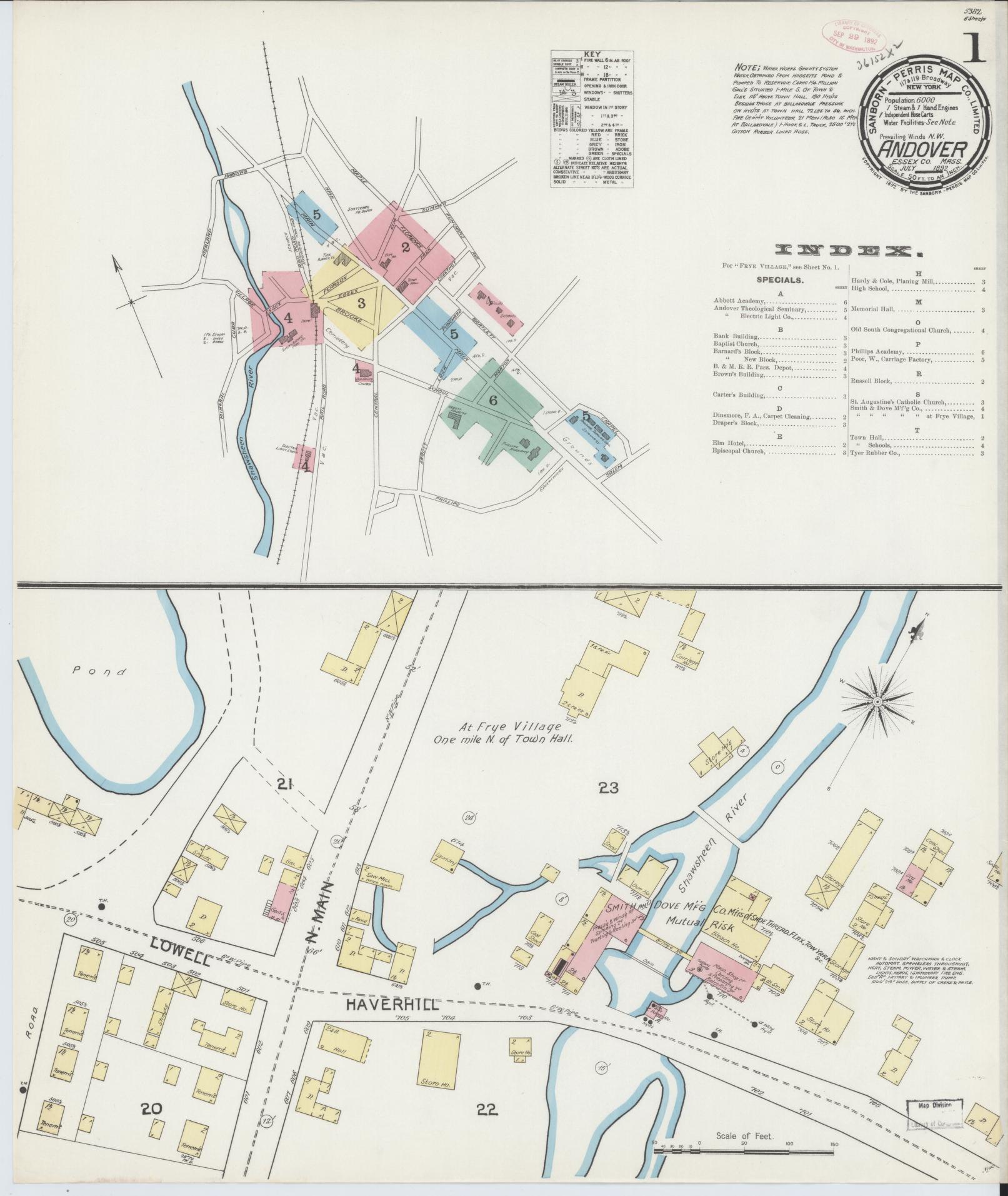 Sanborn Fire Insurance Map from Andover, Essex County, Massachusetts (1892), Sheet #0001 - Complete Map Set gallery image, historic Sanborn map, vintage wall art, Massachusetts Massachusetts