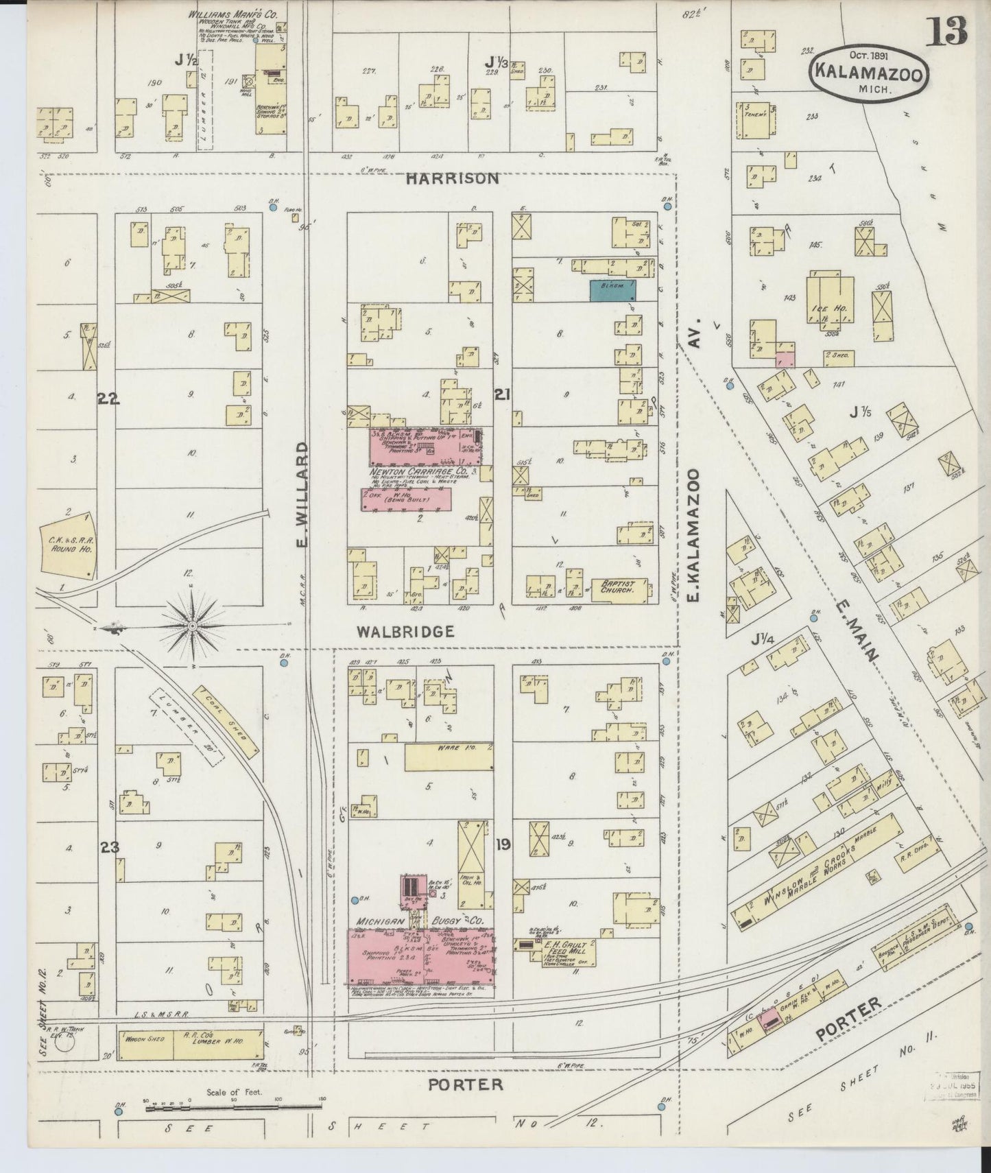 Sanborn Fire Insurance Map from Kalamazoo, Kalamazoo County, Michigan (1891), Sheet #0013 - Complete Map Set gallery image, historic Sanborn map, vintage wall art, Michigan Michigan