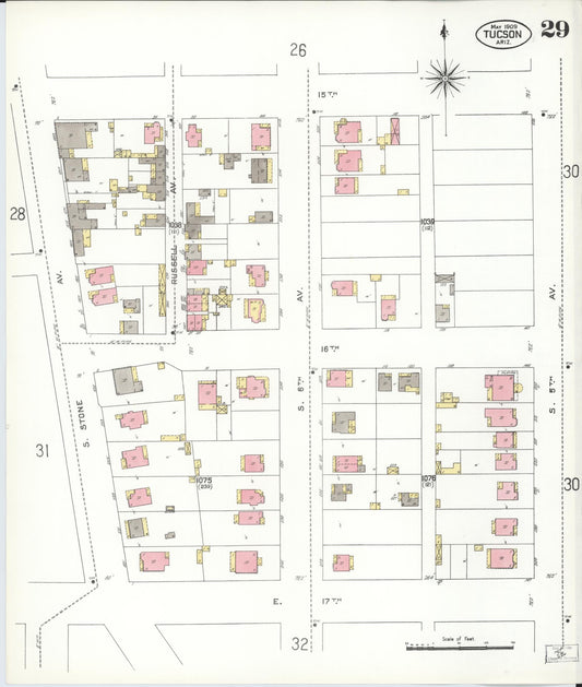 Sanborn Fire Insurance Map from Tucson, Pima County, Arizona (1909), Sheet #0029 - Historic Sanborn Fire Insurance Map Print, vintage old map wall art, antique decor, genealogy gift, Arizona Arizona map