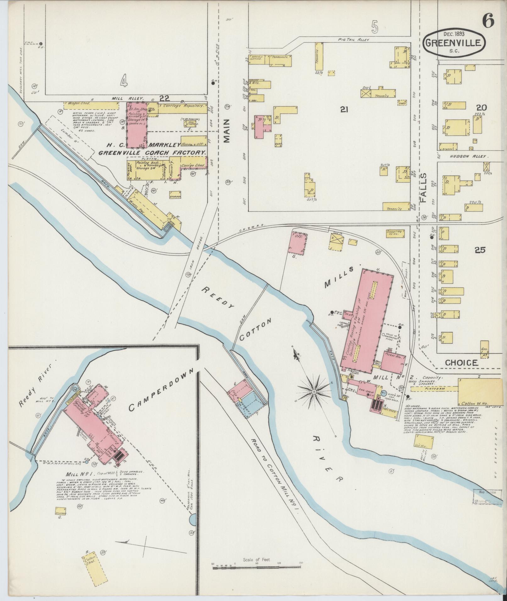 Sanborn Fire Insurance Map from Greenville, Greenville County, South Carolina (1893), Sheet #0006 - Complete Map Set gallery image, historic Sanborn map, vintage wall art, South Carolina South Carolina