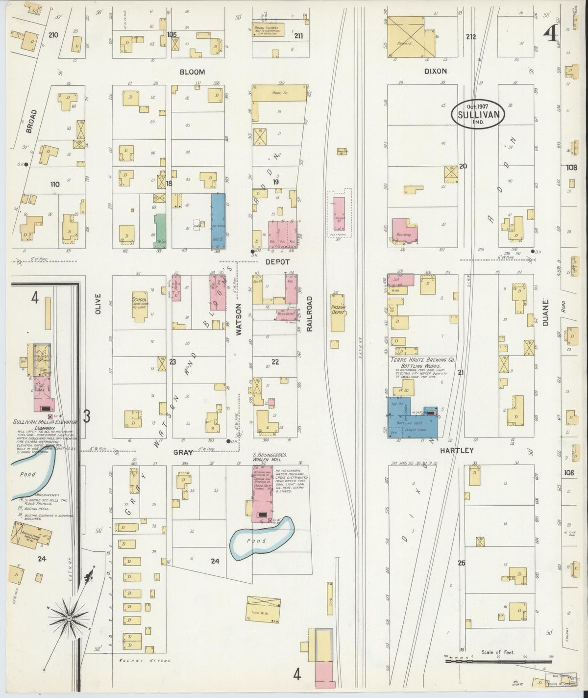 Sanborn Fire Insurance Map from Sullivan, Sullivan County, Indiana (1907), Sheet #0004 - Historic Sanborn Fire Insurance Map Print, vintage old map wall art, antique decor, genealogy gift, Indiana Indiana map
