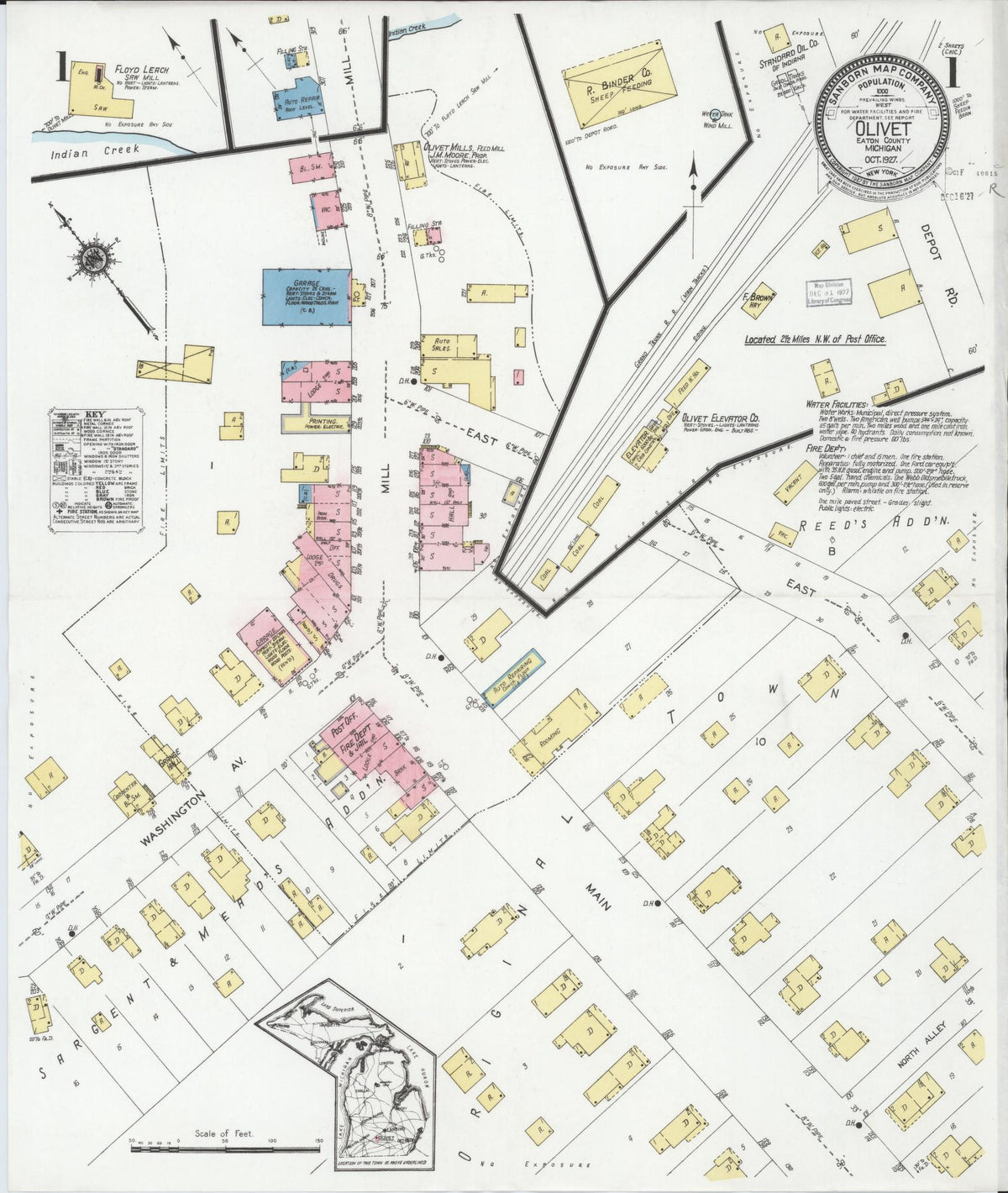 Sanborn Fire Insurance Map from Olivet, Eaton County, Michigan (1927), Sheet #0001 - Historic Sanborn Fire Insurance Map Print, vintage old map wall art, antique decor, genealogy gift, Michigan Michigan map