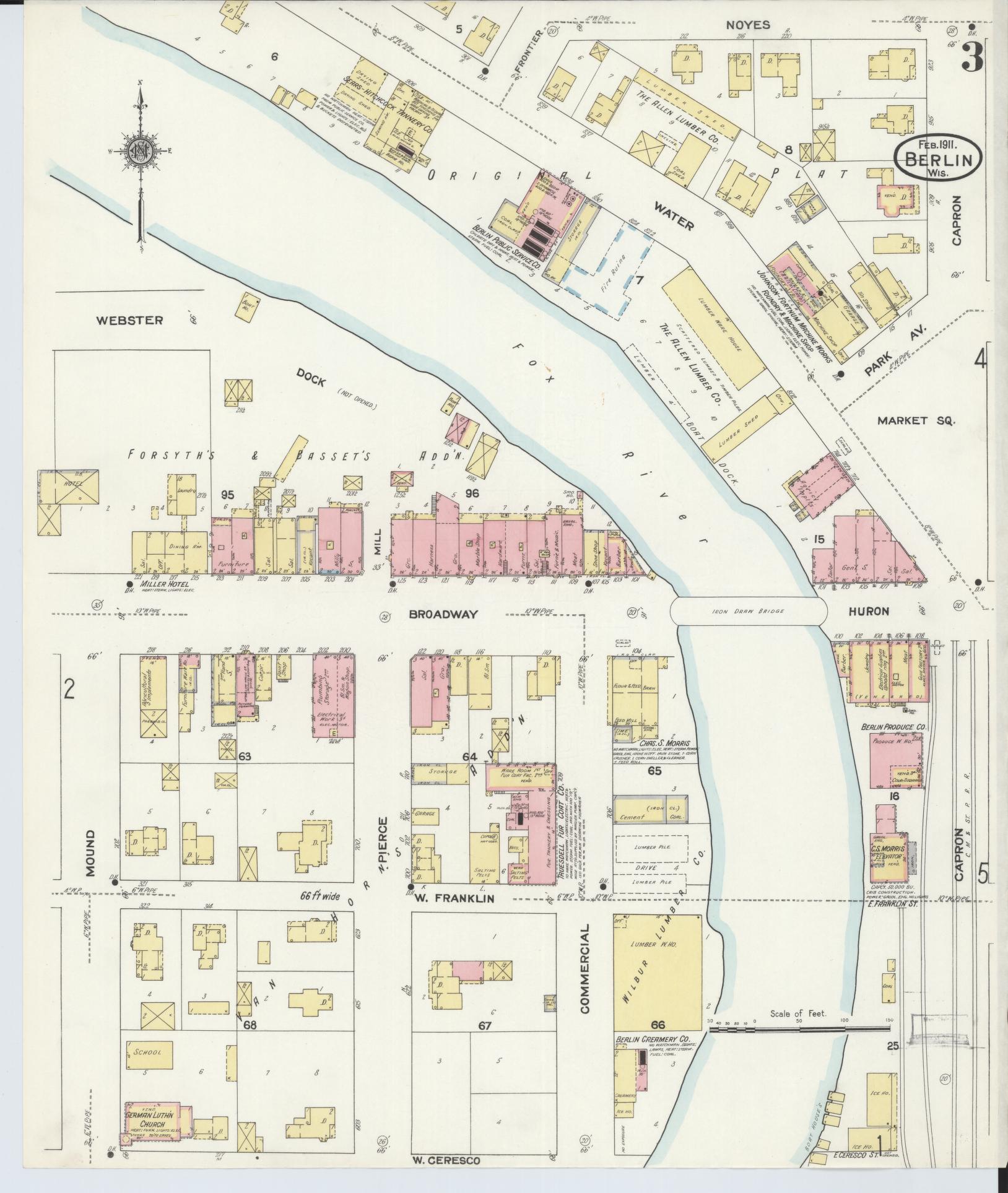 Sanborn Fire Insurance Map from Berlin, Green Lake County, Wisconsin (1911), Sheet #0003 - Complete Map Set gallery image, historic Sanborn map, vintage wall art, Wisconsin Wisconsin