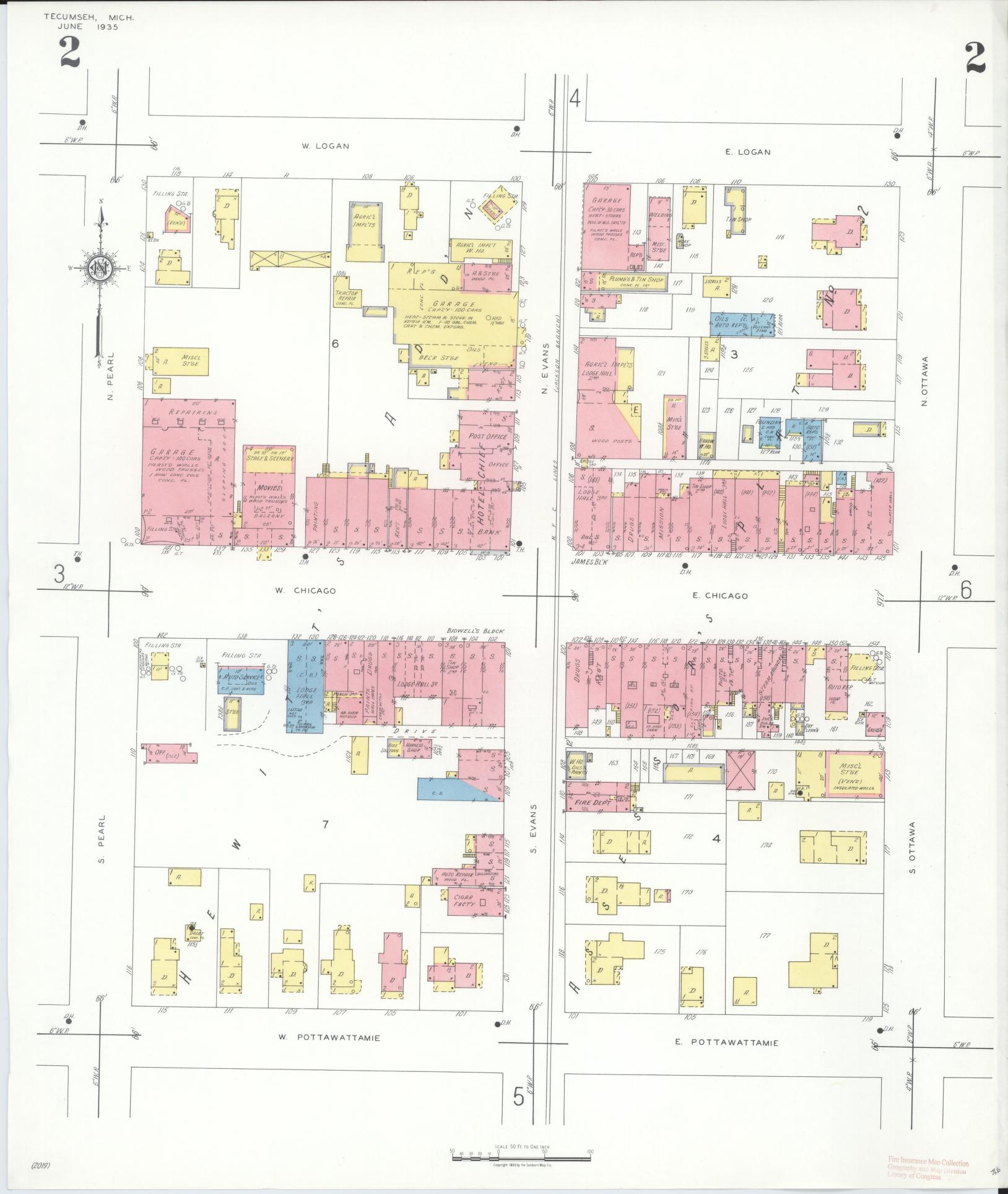 Sanborn Fire Insurance Map from Tecumseh, Lenawee County, Michigan (1935), Sheet #0002 - Complete Map Set gallery image, historic Sanborn map, vintage wall art, Michigan Michigan