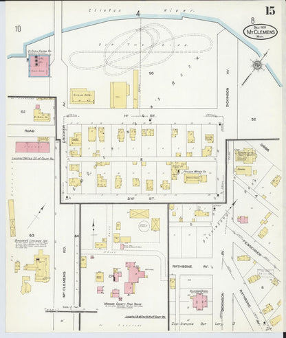 Sanborn Fire Insurance Map from Mount Clemens, Macomb County, Michigan (1909), Sheet #0015 - Historic Sanborn Fire Insurance Map Print, vintage old map wall art, antique decor, genealogy gift, Michigan Michigan map