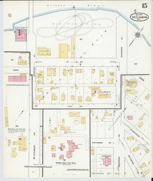 Sanborn Fire Insurance Map from Mount Clemens, Macomb County, Michigan (1909), Sheet #0015 - Historic Sanborn Fire Insurance Map Print, vintage old map wall art, antique decor, genealogy gift, Michigan Michigan map