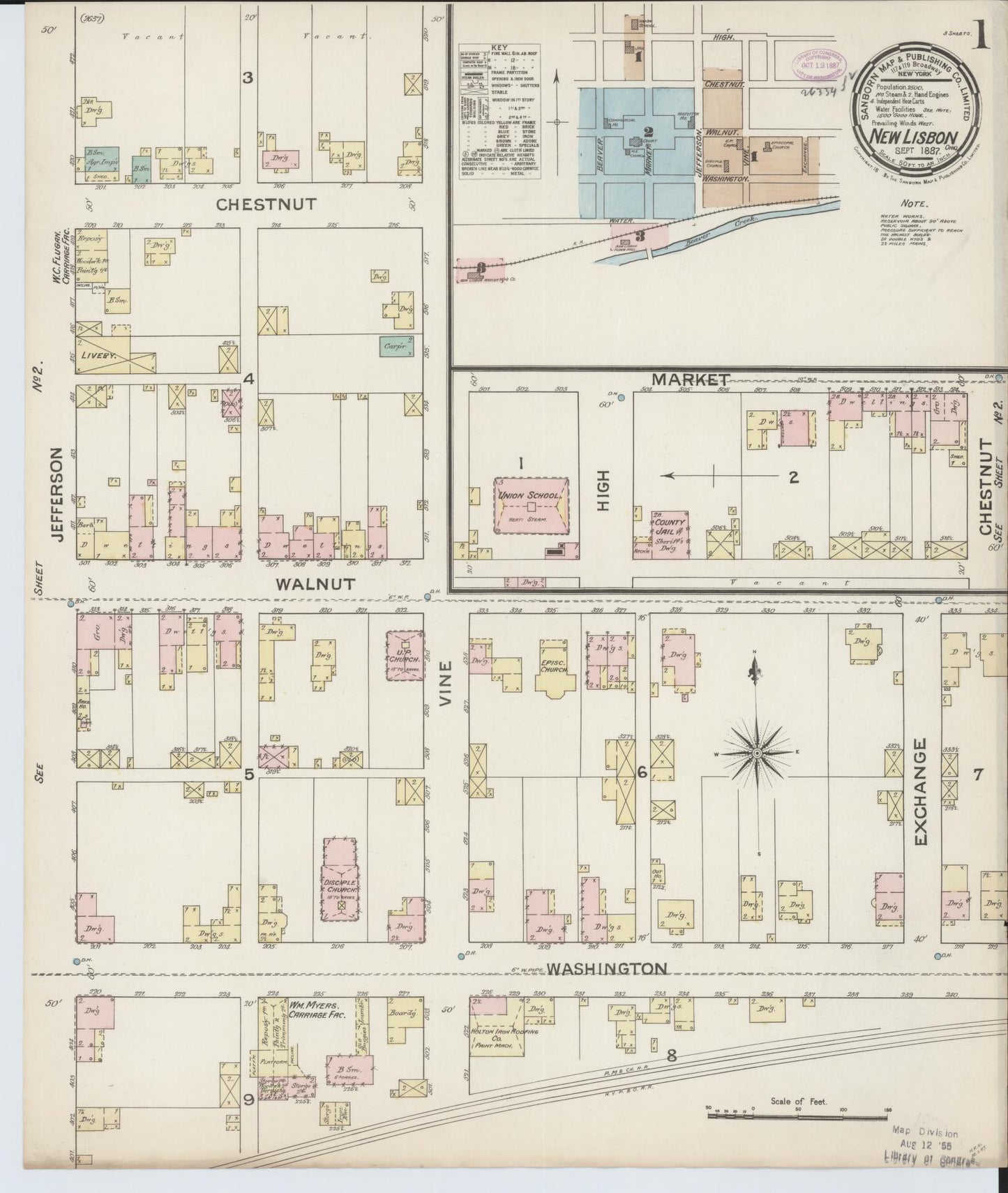 Sanborn Fire Insurance Map from New Lisbon, Columbiana County, Ohio (1887), Sheet #0001 - Historic Sanborn Fire Insurance Map Print, vintage old map wall art, antique decor, genealogy gift, Ohio Ohio map