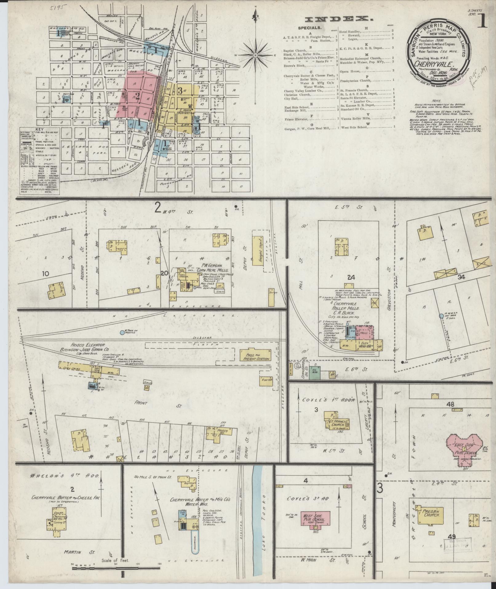 Sanborn Fire Insurance Map from Cherryvale, Montgomery County, Kansas (1896), Sheet #0001 - Complete Map Set gallery image, historic Sanborn map, vintage wall art, Kansas Kansas