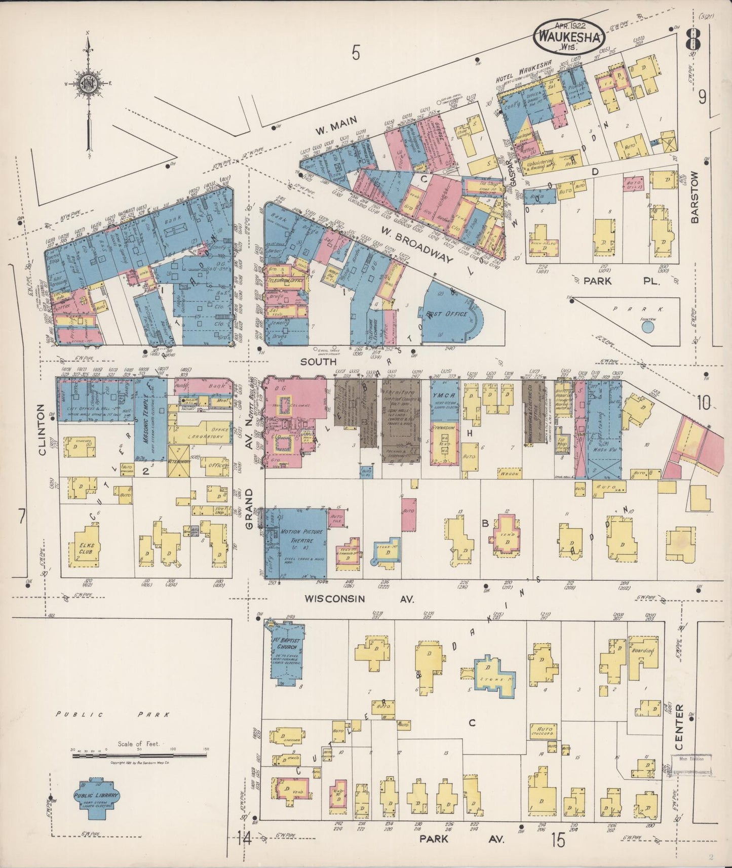 Sanborn Fire Insurance Map from Waukesha, Waukesha County, Wisconsin (1922), Sheet #0008 - Complete Map Set gallery image, historic Sanborn map, vintage wall art, Wisconsin Wisconsin