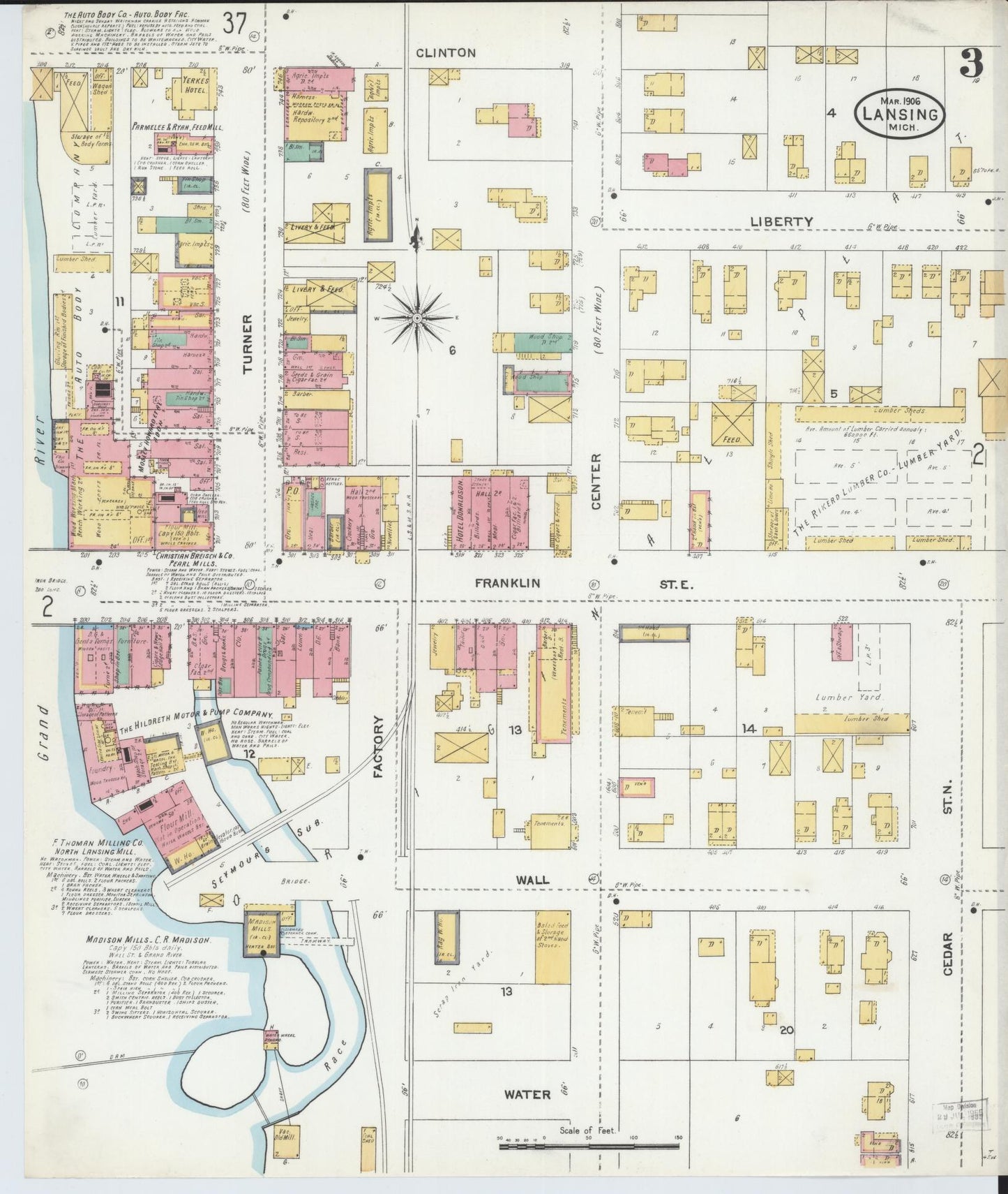 Sanborn Fire Insurance Map from Lansing, Ingham County, Michigan (1906), Sheet #0003 - Historic Sanborn Fire Insurance Map Print, vintage old map wall art, antique decor, genealogy gift, Michigan Michigan map