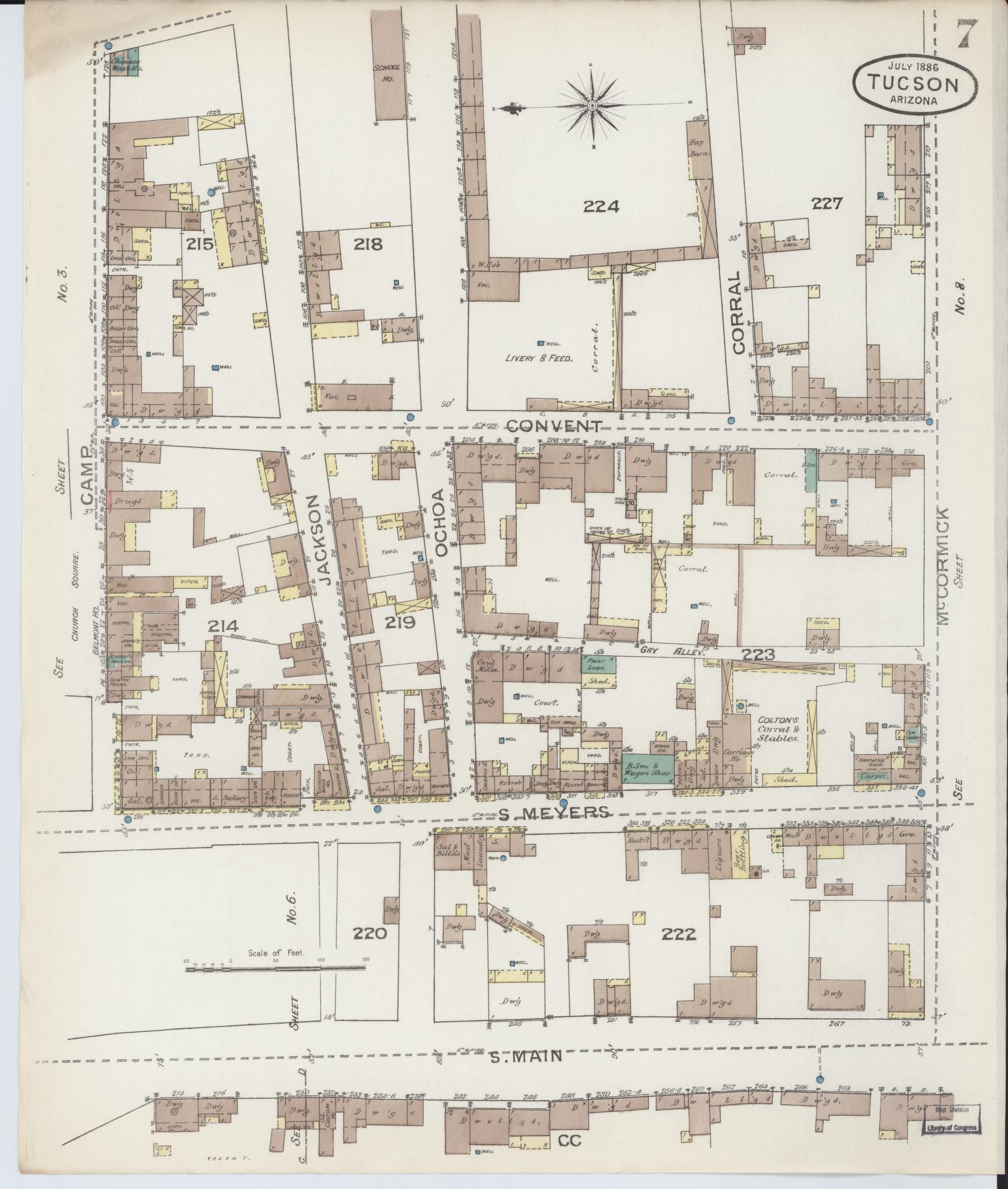 Sanborn Fire Insurance Map from Tucson, Pima County, Arizona (1886), Sheet #0007 - Historic Sanborn Fire Insurance Map Print, vintage old map wall art, antique decor, genealogy gift, Arizona Arizona map