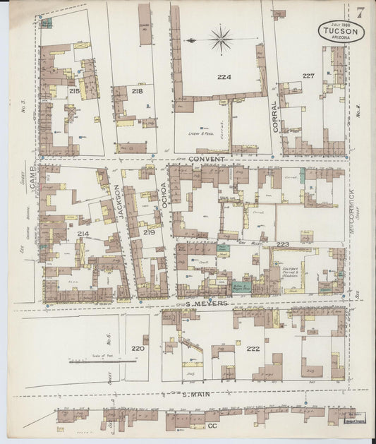 Sanborn Fire Insurance Map from Tucson, Pima County, Arizona (1886), Sheet #0007 - Historic Sanborn Fire Insurance Map Print, vintage old map wall art, antique decor, genealogy gift, Arizona Arizona map