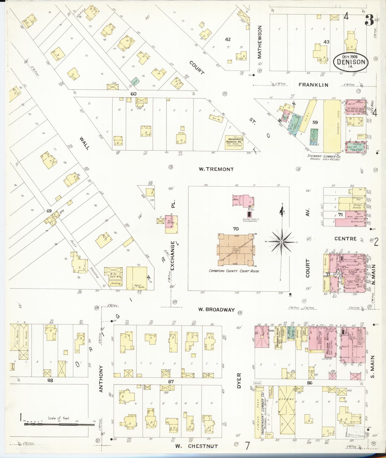 Sanborn Fire Insurance Map from Denison, Crawford County, Iowa (1908), Sheet #0003 - Historic Sanborn Fire Insurance Map Print, vintage old map wall art