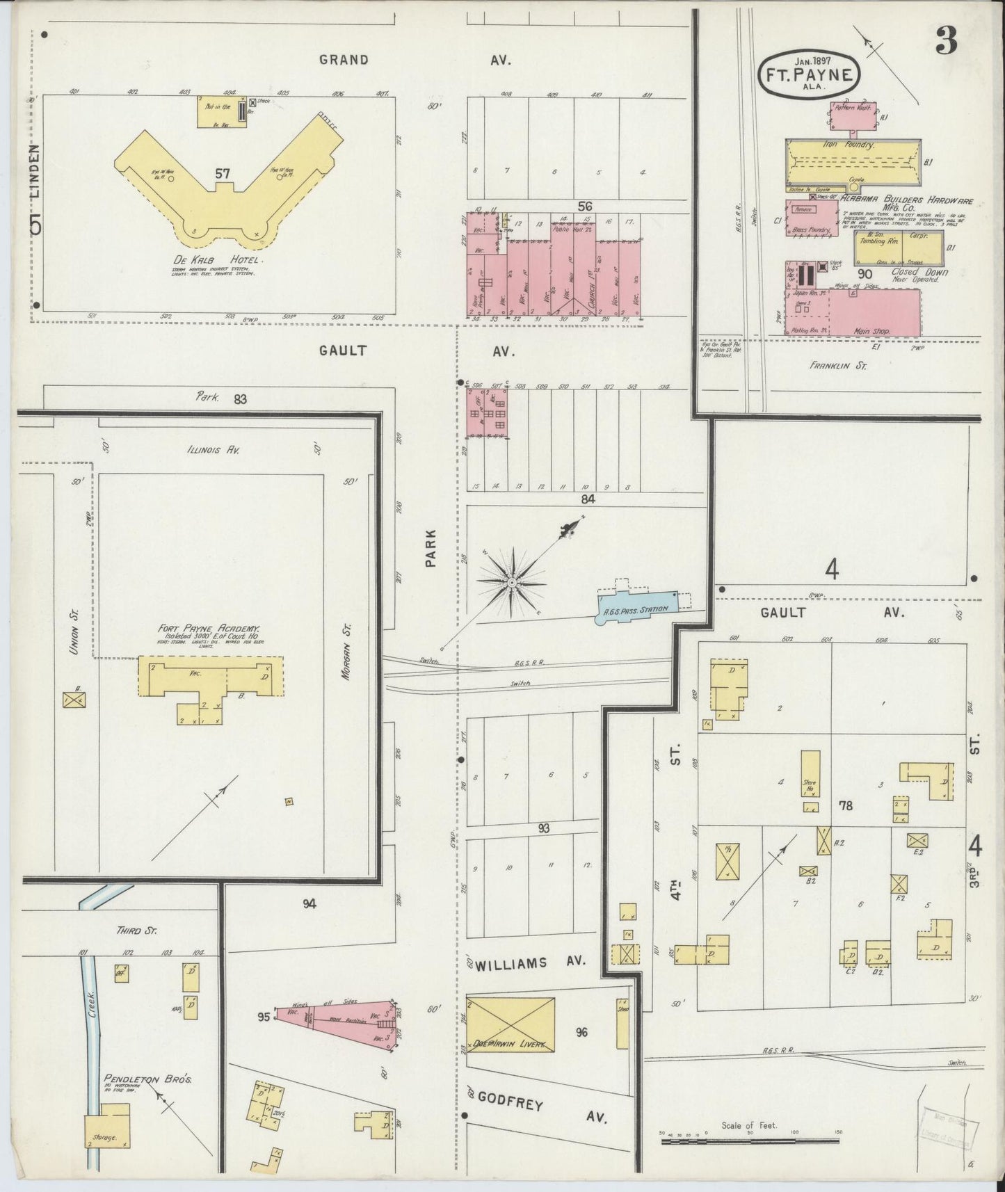Sanborn Fire Insurance Map from Fort Payne, Dekalb County, Alabama (1897), Sheet #0003 - Complete Map Set gallery image, historic Sanborn map, vintage wall art, Alabama Alabama