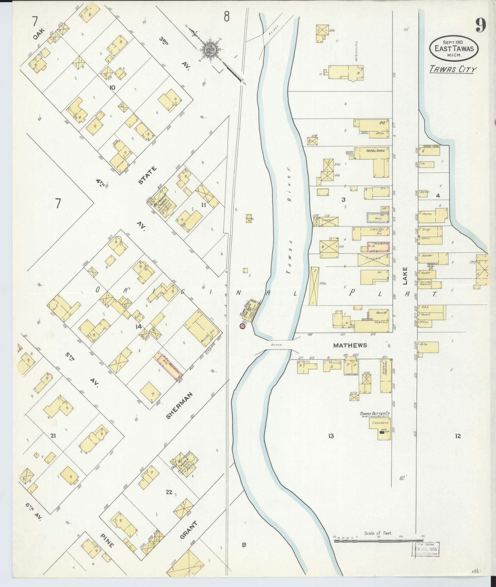Sanborn Fire Insurance Map from East Tawas, Iosco County, Michigan (1910), Sheet #0009 - Complete Map Set gallery image, historic Sanborn map, vintage wall art, Michigan Michigan