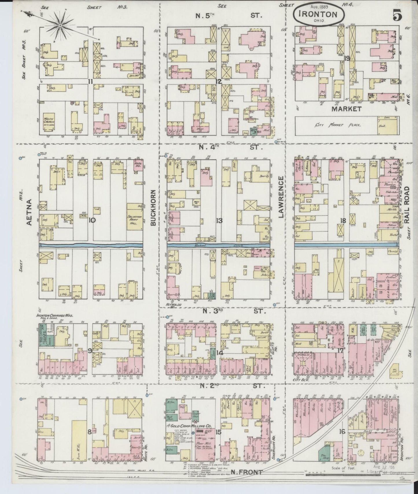 Sanborn Fire Insurance Map from Ironton, Lawrence County, Ohio (1889), Sheet #0005 - Historic Sanborn Fire Insurance Map Print, vintage old map wall art, antique decor, genealogy gift, Ohio Ohio map