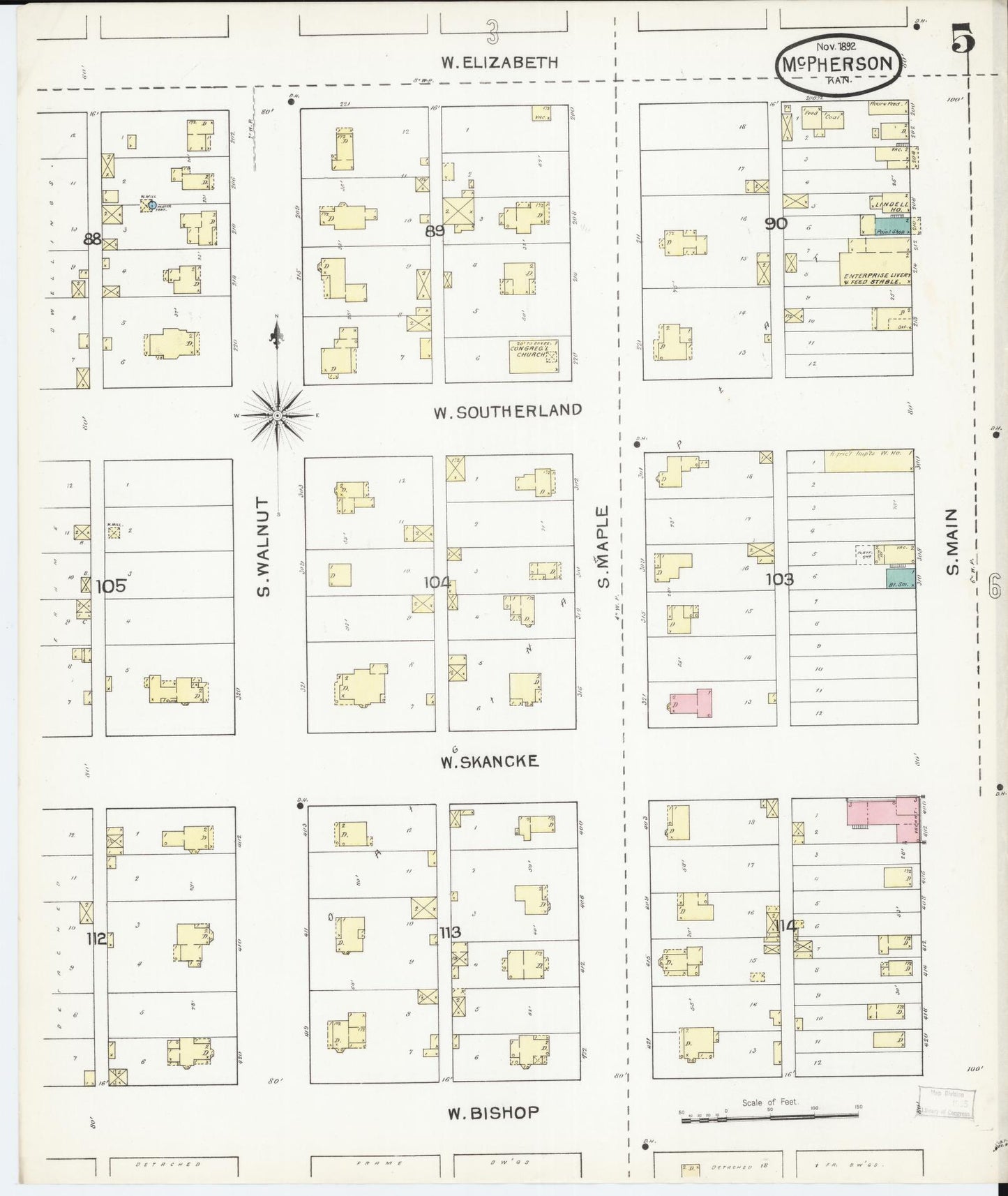 Sanborn Fire Insurance Map from Mcpherson, Mcpherson County, Kansas (1892), Sheet #0005 - Complete Map Set gallery image, historic Sanborn map, vintage wall art, Kansas Kansas