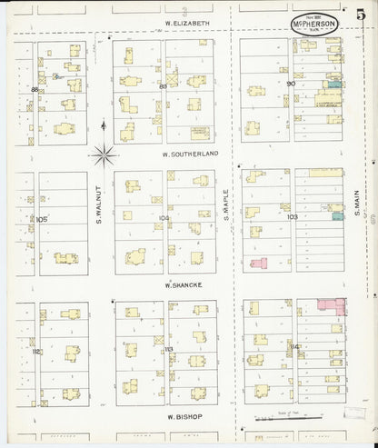 Sanborn Fire Insurance Map from Mcpherson, Mcpherson County, Kansas (1892), Sheet #0005 - Complete Map Set gallery image, historic Sanborn map, vintage wall art, Kansas Kansas