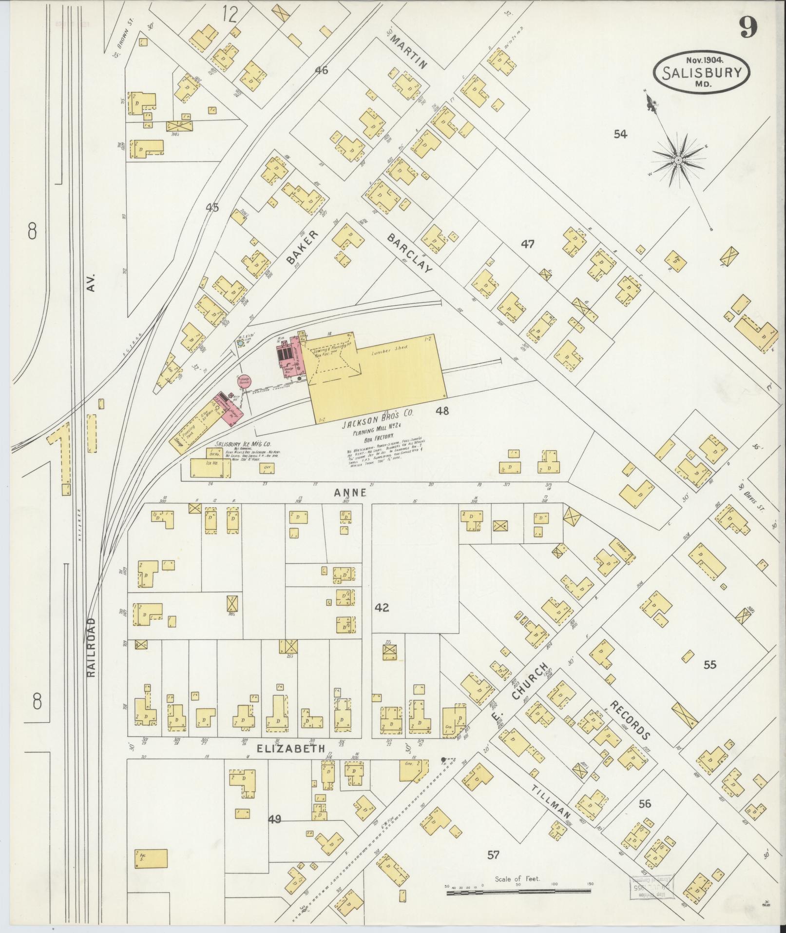 Sanborn Fire Insurance Map from Salisbury, Wicomico County, Maryland (1904), Sheet #0009 - Historic Sanborn Fire Insurance Map Print, vintage old map wall art