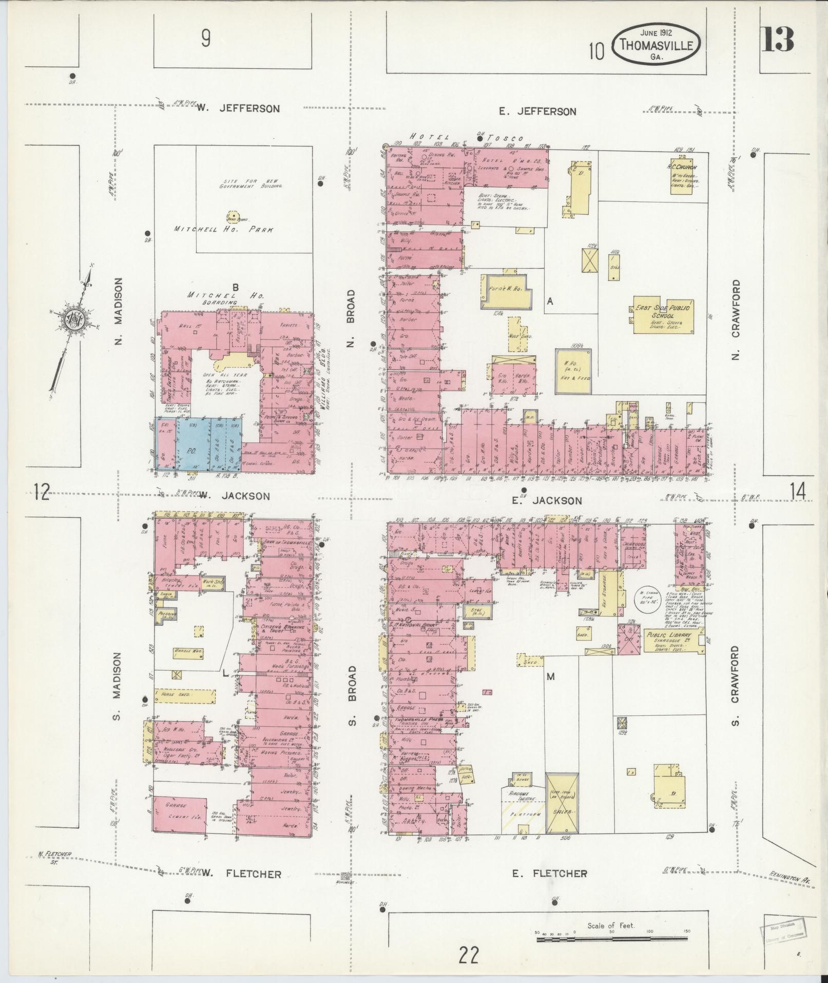 Sanborn Fire Insurance Map from Thomasville, Thomas County, Georgia (1912), Sheet #0013 - Complete Map Set gallery image, historic Sanborn map, vintage wall art, Georgia Georgia
