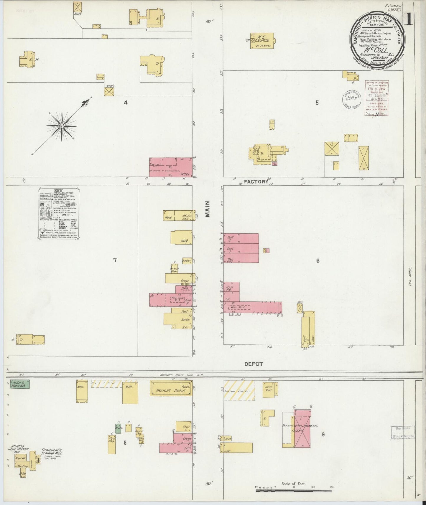 Sanborn Fire Insurance Map from McColl, Marlboro County, South Carolina (1900), Sheet #0001 - Complete Map Set gallery image, historic Sanborn map, vintage wall art, South Carolina South Carolina