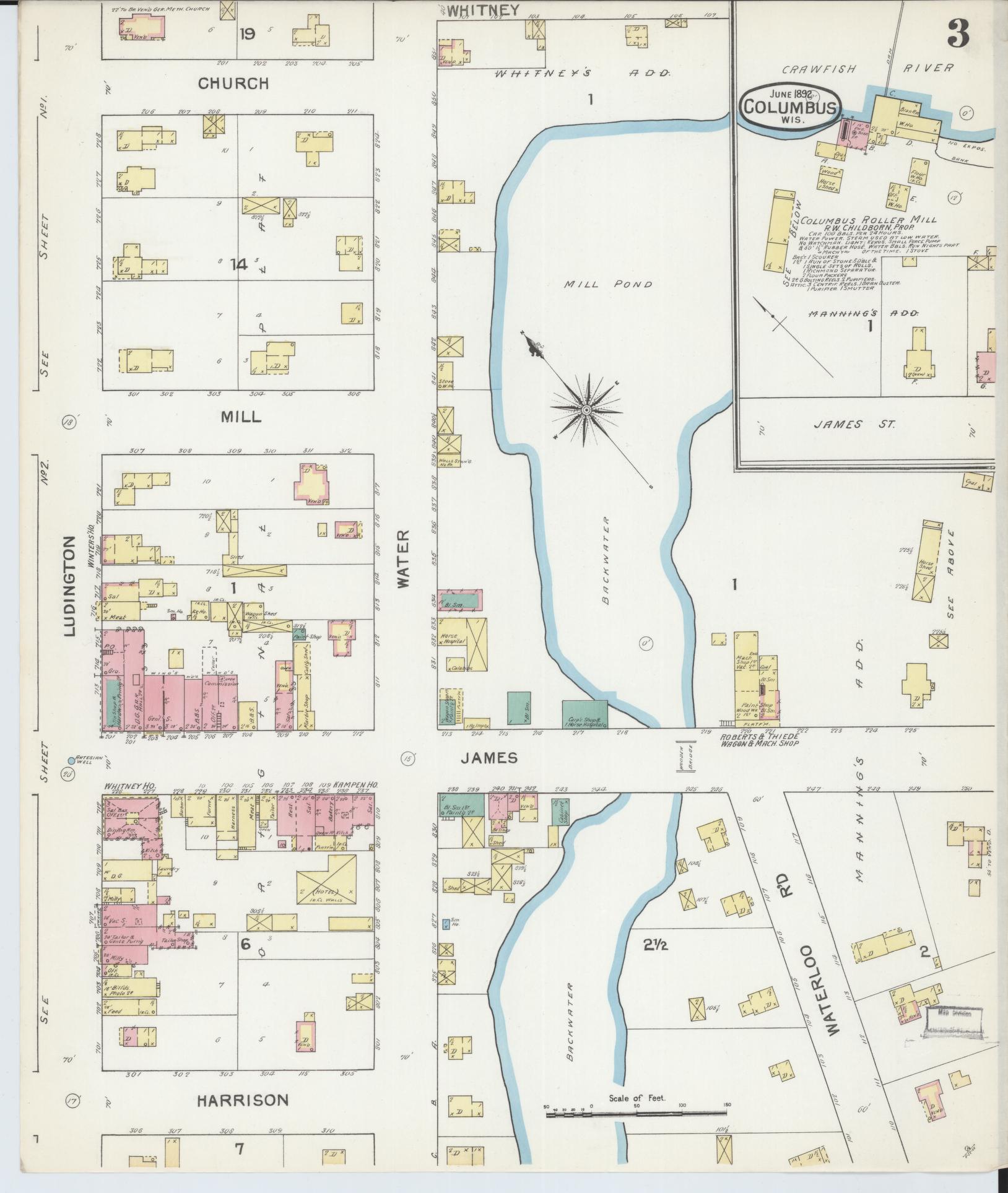 Sanborn Fire Insurance Map from Columbus, Columbia and Dodge County, Wisconsin (1892), Sheet #0003 - Complete Map Set gallery image, historic Sanborn map, vintage wall art, Wisconsin Wisconsin
