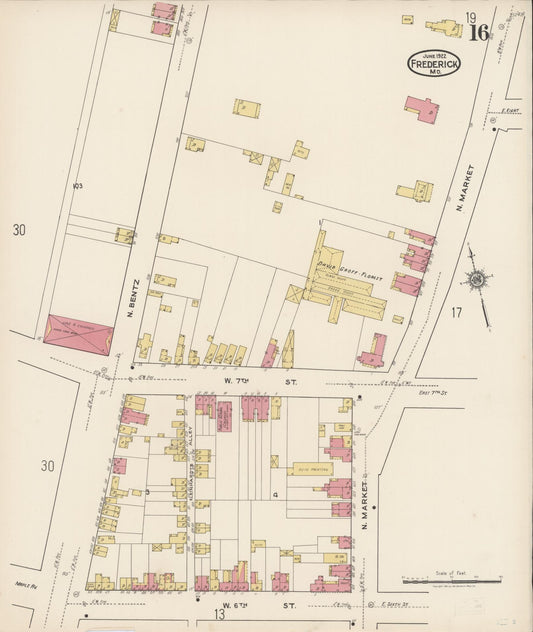 Sanborn Fire Insurance Map from Frederick, Frederick County, Maryland (1922), Sheet #0016 - Historic Sanborn Fire Insurance Map Print, vintage old map wall art