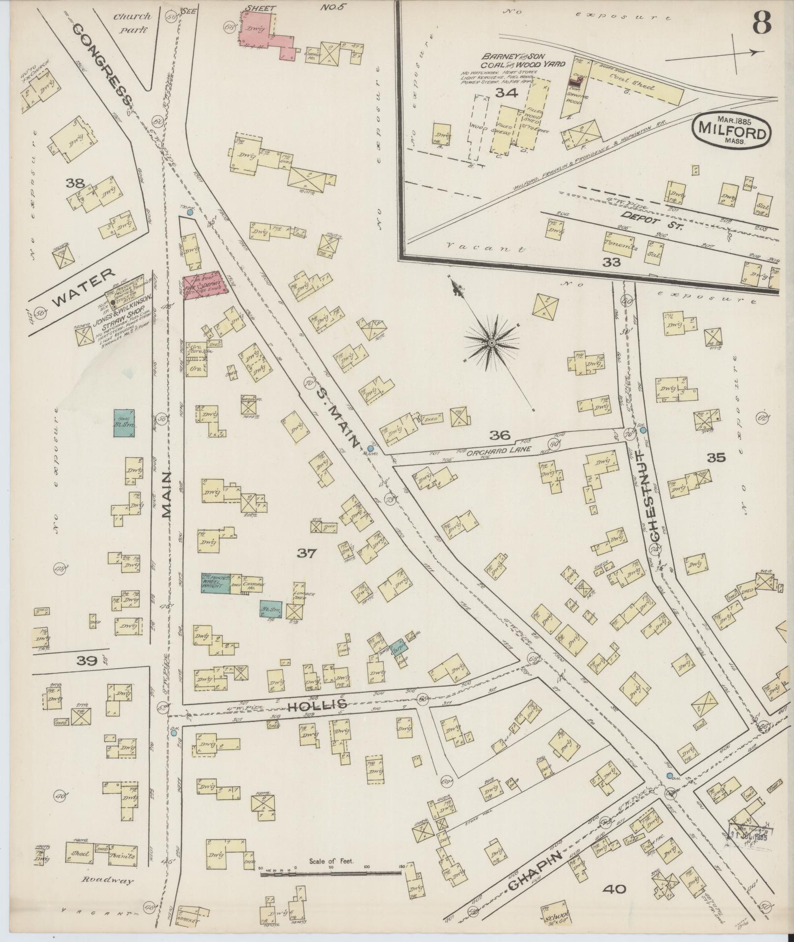 Sanborn Fire Insurance Map from Milford, Worcester County, Massachusetts (1885), Sheet #0008 - Complete Map Set gallery image, historic Sanborn map, vintage wall art, Massachusetts Massachusetts