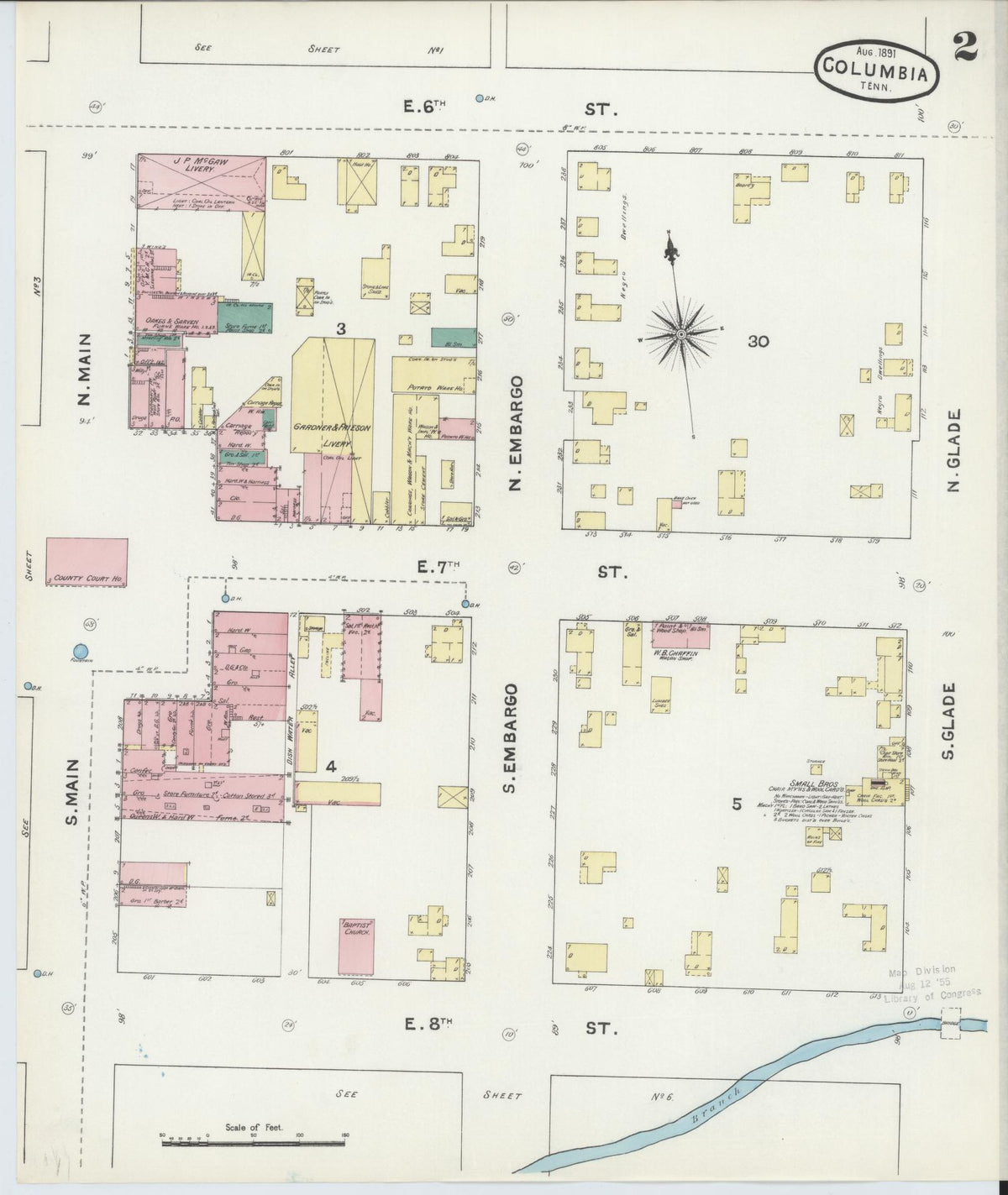 Sanborn Fire Insurance Map from Columbia, Maury County, Tennessee (1891), Sheet #0002 - Complete Map Set gallery image, historic Sanborn map, vintage wall art, Tennessee Tennessee