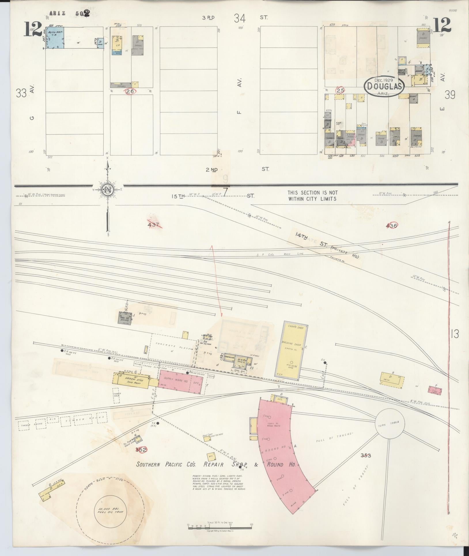 Sanborn Fire Insurance Map from Douglas, Cochise County, Arizona (1947), Sheet #0012 - Historic Sanborn Fire Insurance Map Print, vintage old map wall art, antique decor, genealogy gift, Arizona Arizona map