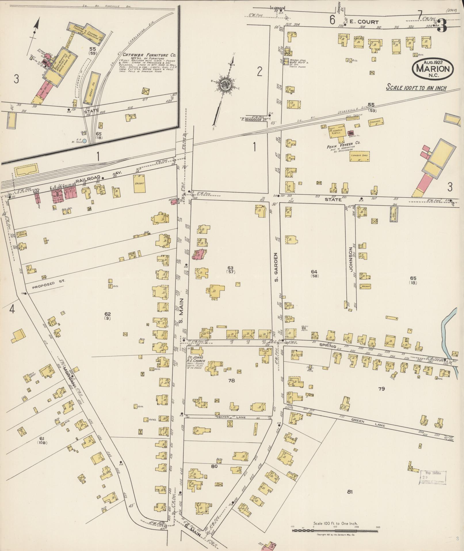 Sanborn Fire Insurance Map from Marion, Mcdowell County, North Carolina (1922), Sheet #0003 - Historic Sanborn Fire Insurance Map Print, vintage old map wall art, antique decor, genealogy gift, North Carolina North Carolina map