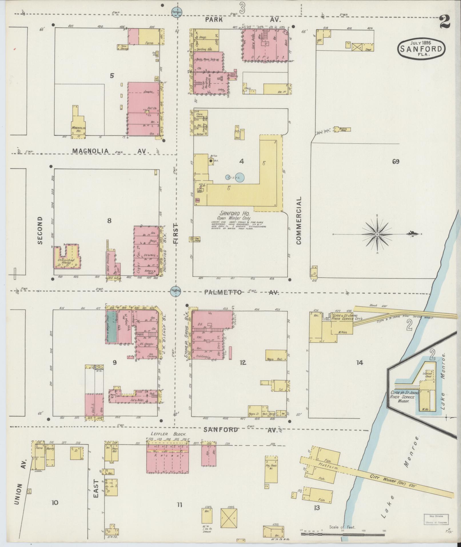 Sanborn Fire Insurance Map from Sanford, Seminole County, Florida (1895), Sheet #0002 - Complete Map Set gallery image, historic Sanborn map, vintage wall art, Florida Florida