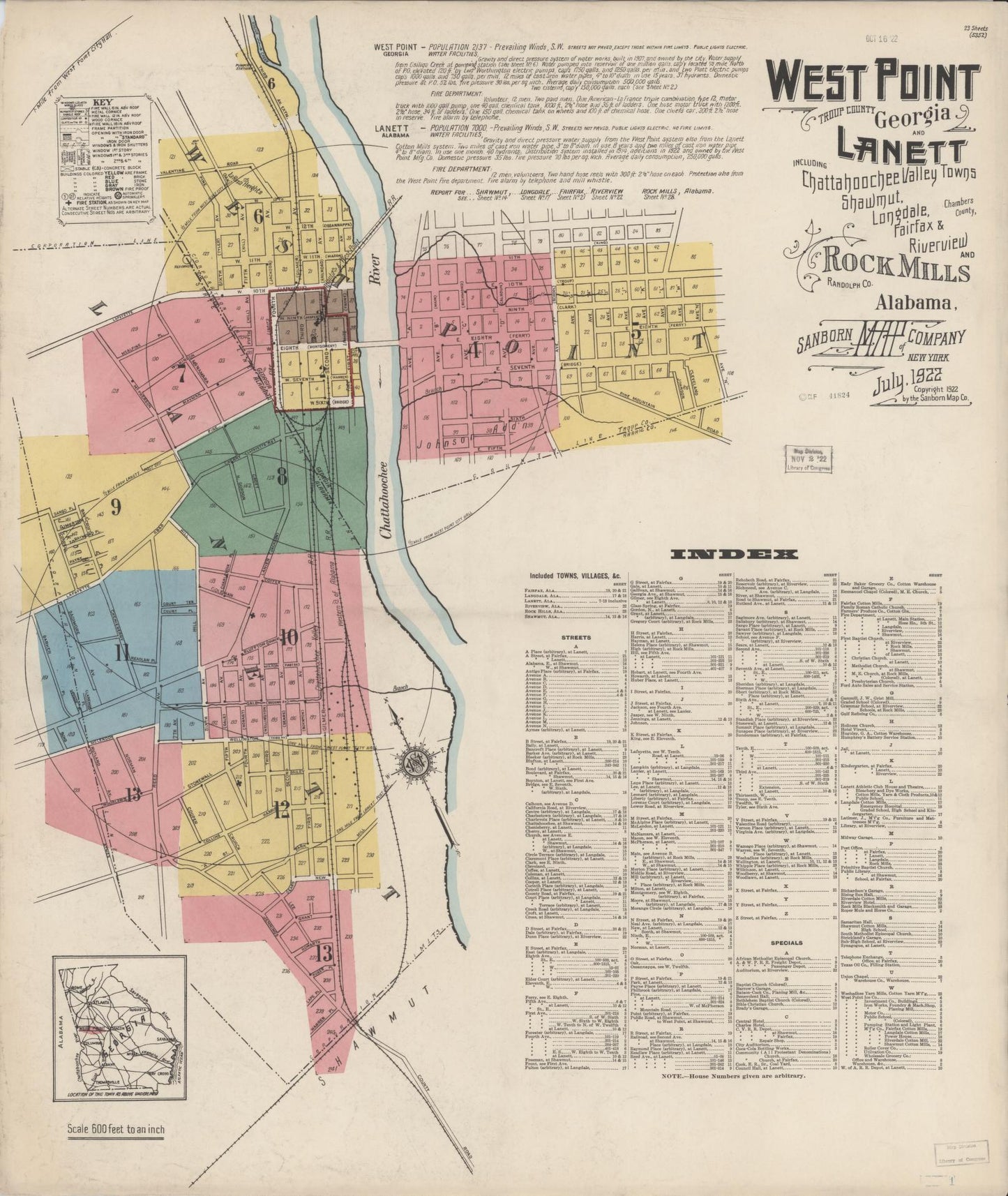 Sanborn Fire Insurance Map from West Point, Troup County, Georgia (1922), Sheet #0001 - Historic Sanborn Fire Insurance Map Print, vintage old map wall art, antique decor, genealogy gift, Georgia Georgia map