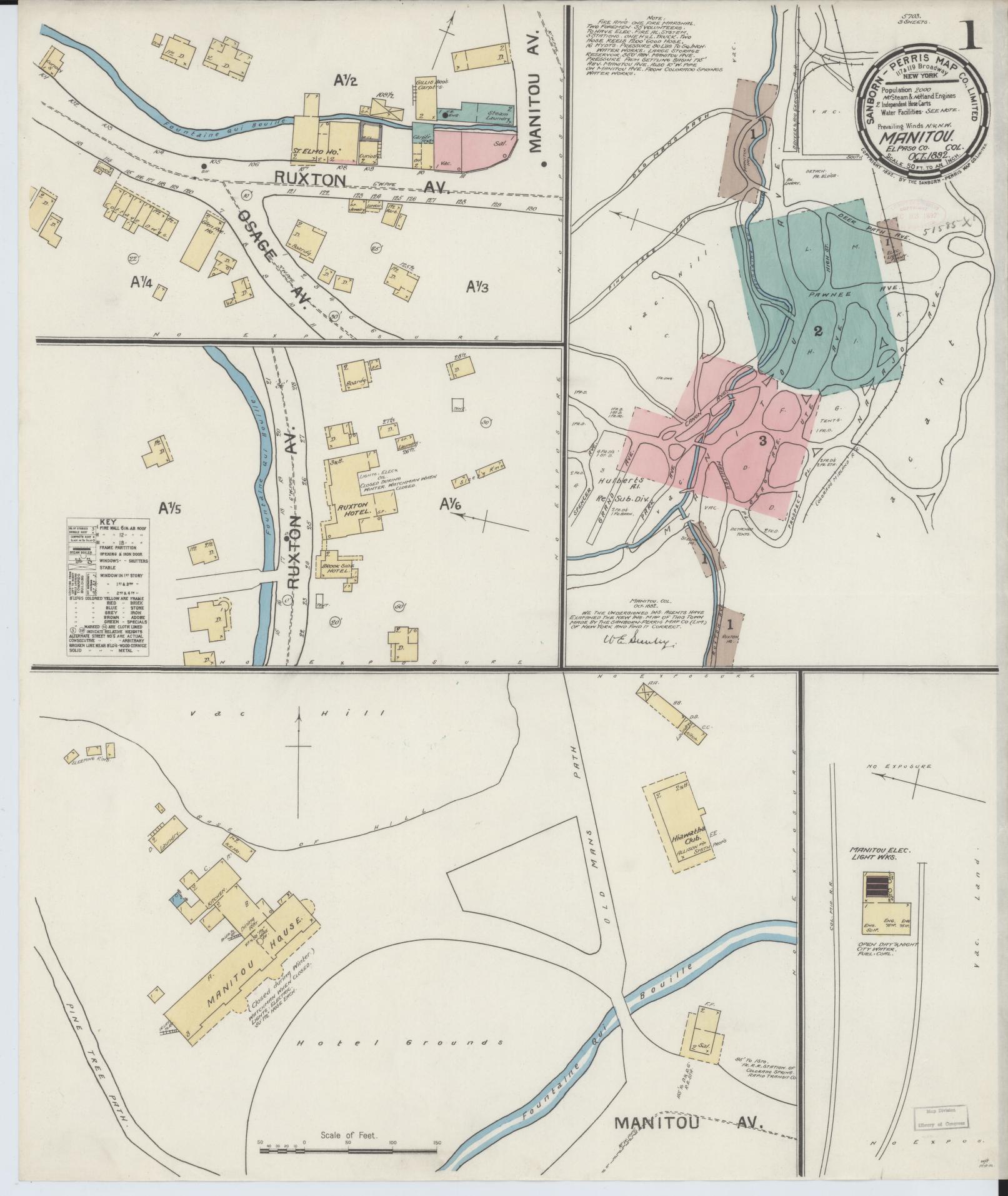 Sanborn Fire Insurance Map from Manitou, El Paso County, Colorado (1892), Sheet #0001 - Historic Sanborn Fire Insurance Map Print, vintage old map wall art, antique decor, genealogy gift, Colorado Colorado map