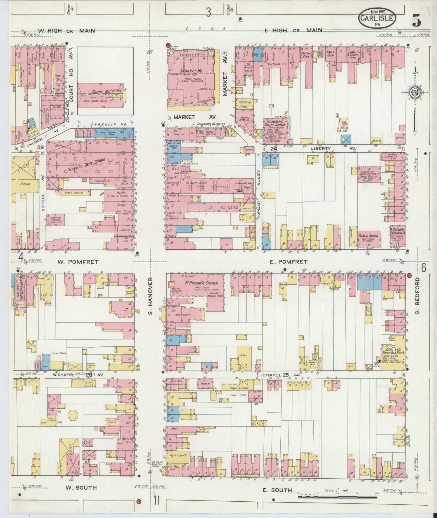 Sanborn Fire Insurance Map from Carlisle, Cumberland County, Pennsylvania (1915), Sheet #0005 - Historic Sanborn Fire Insurance Map Print, vintage old map wall art, antique decor, genealogy gift, Pennsylvania Pennsylvania map