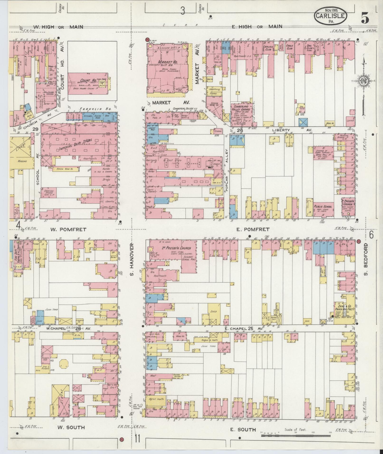 Sanborn Fire Insurance Map from Carlisle, Cumberland County, Pennsylvania (1915), Sheet #0005 - Historic Sanborn Fire Insurance Map Print, vintage old map wall art, antique decor, genealogy gift, Pennsylvania Pennsylvania map