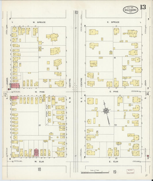 Sanborn Fire Insurance Map from Goldsboro, Wayne County, North Carolina (1913), Sheet #0013 - Historic Sanborn Fire Insurance Map Print, vintage old map wall art, antique decor, genealogy gift, North Carolina North Carolina map