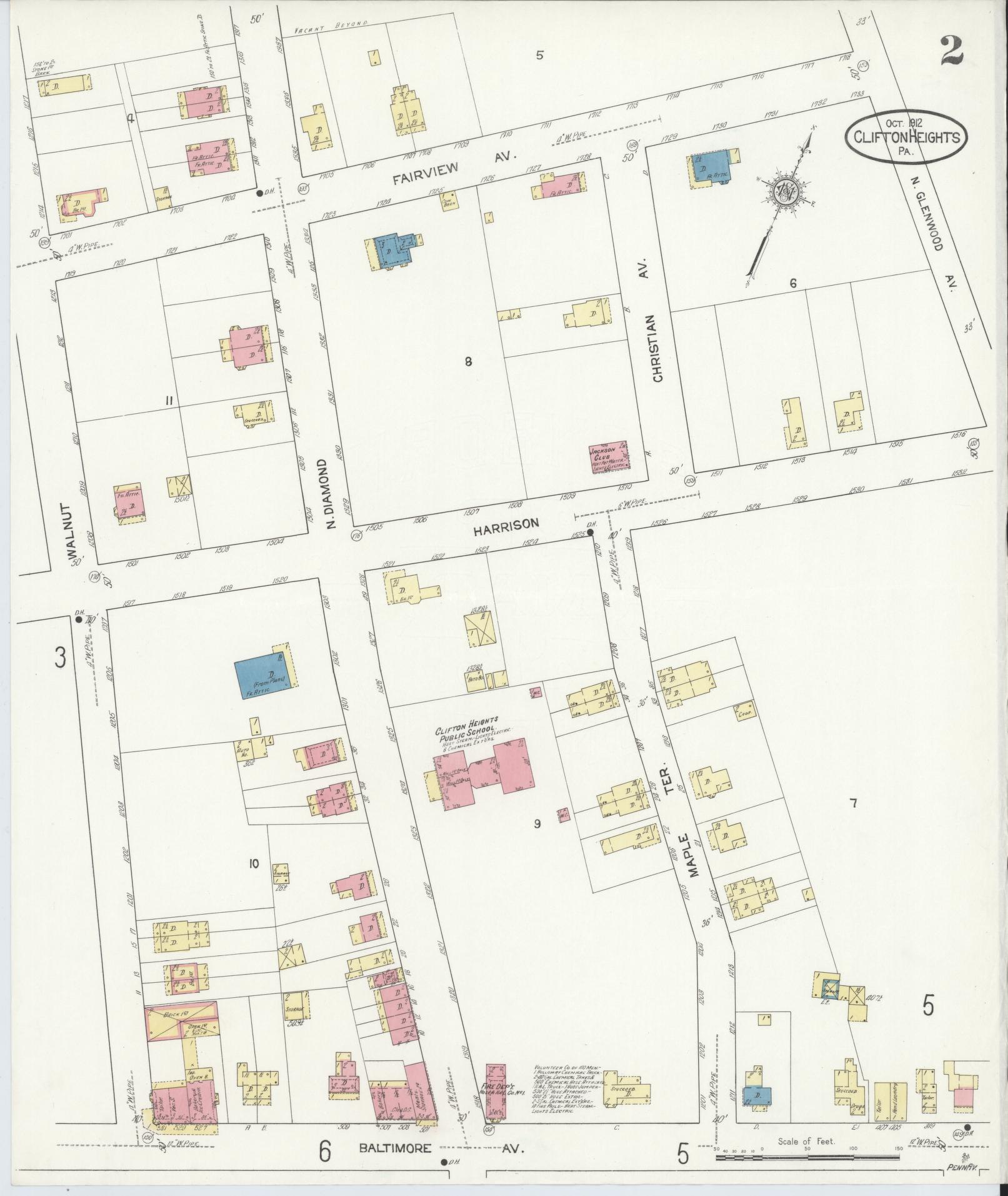 Sanborn Fire Insurance Map from Clifton Heights, Delaware County, Pennsylvania (1912), Sheet #0002 - Historic Sanborn Fire Insurance Map Print, vintage old map wall art, antique decor, genealogy gift, Clifton Heights Delaware map