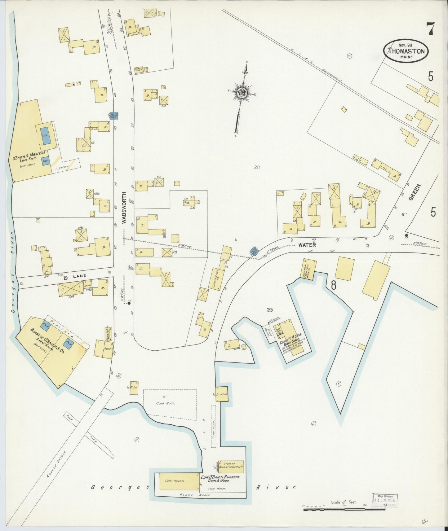Sanborn Fire Insurance Map from Thomaston, Knox County, Maine (1911), Sheet #0007 - Complete Map Set gallery image, historic Sanborn map, vintage wall art, Maine Maine