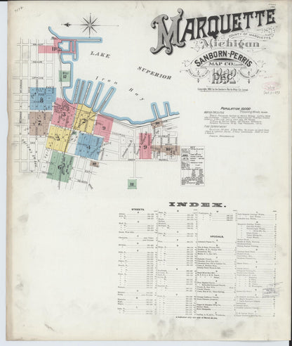 Sanborn Fire Insurance Map from Marquette, Marquette County, Michigan (1892), Sheet #0001 - Complete Map Set gallery image, historic Sanborn map, vintage wall art, Michigan Michigan