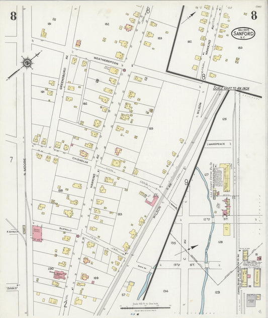 Sanborn Fire Insurance Map from Sanford, Lee County, North Carolina (1925), Sheet #0008 - Historic Sanborn Fire Insurance Map Print, vintage old map wall art, antique decor, genealogy gift, North Carolina North Carolina map