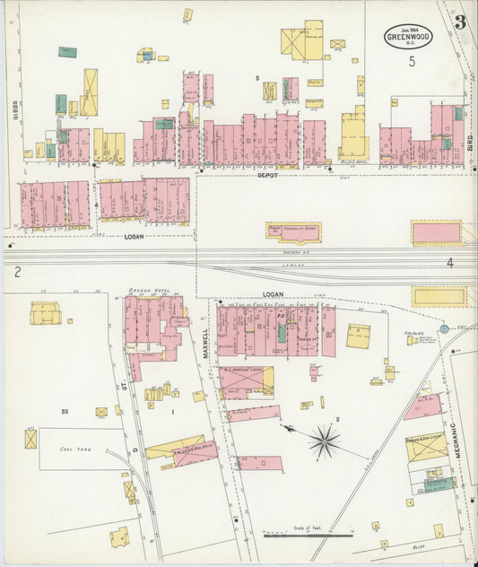 Sanborn Fire Insurance Map from Greenwood, Greenwood County, South Carolina (1904), Sheet #0003 - Historic Sanborn Fire Insurance Map Print, vintage old map wall art, antique decor, genealogy gift, South Carolina South Carolina map