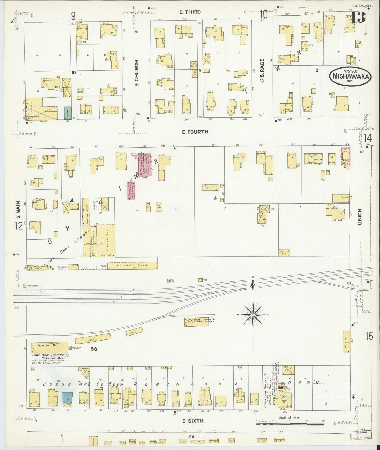 Sanborn Fire Insurance Map from Mishawaka, Saint Joseph County, Indiana (1907), Sheet #0013 - Complete Map Set gallery image, historic Sanborn map, vintage wall art, Indiana Indiana